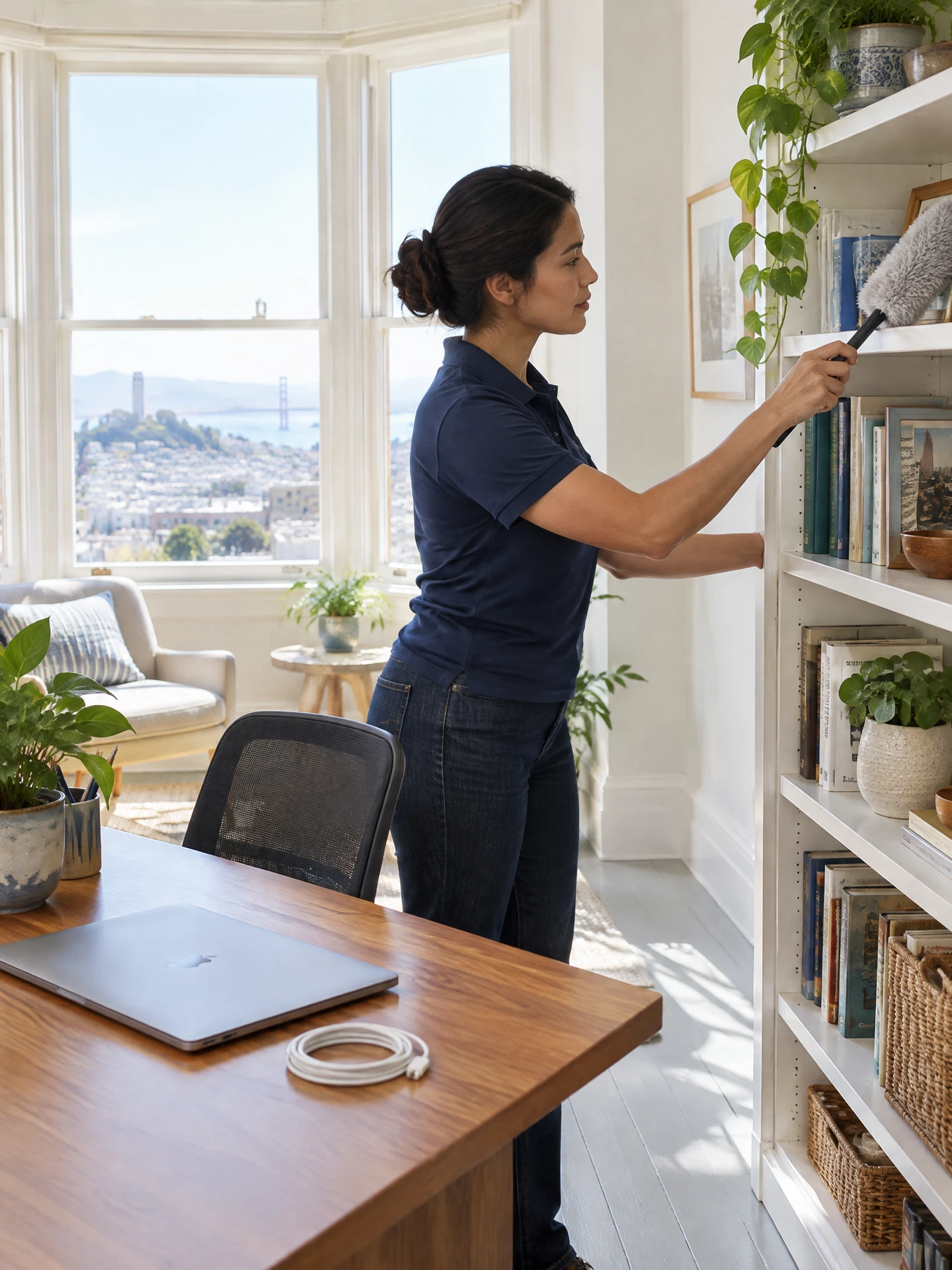 Woman cleaner in a navy polo dusting a shelf beside a tidy San Francisco home office