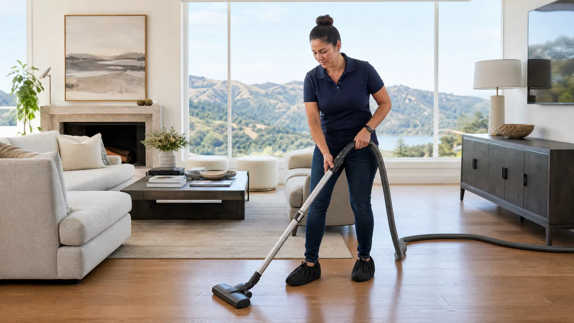 Professional cleaner in Green Planet uniform cleaning a Greenbrae home
