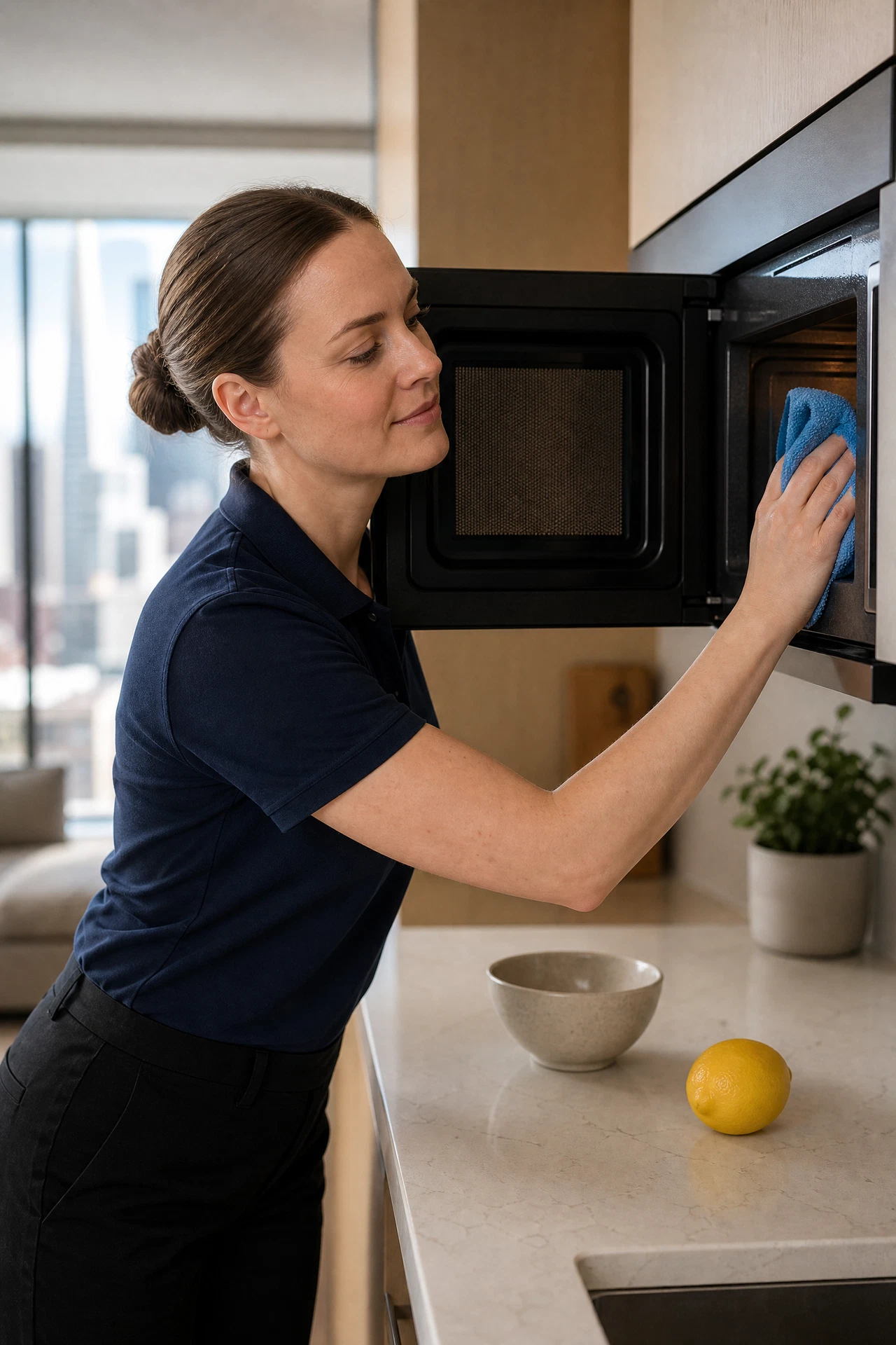 White woman cleaner in a navy polo wiping the inside of a microwave in a clean San Francisco apartment kitchen