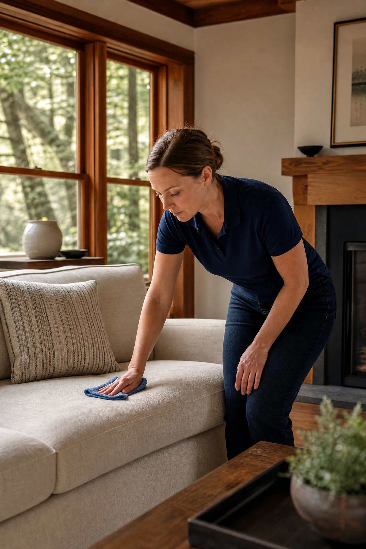 White woman cleaner in a navy polo carefully treating a neutral linen sofa in a sunlit Marin County living room