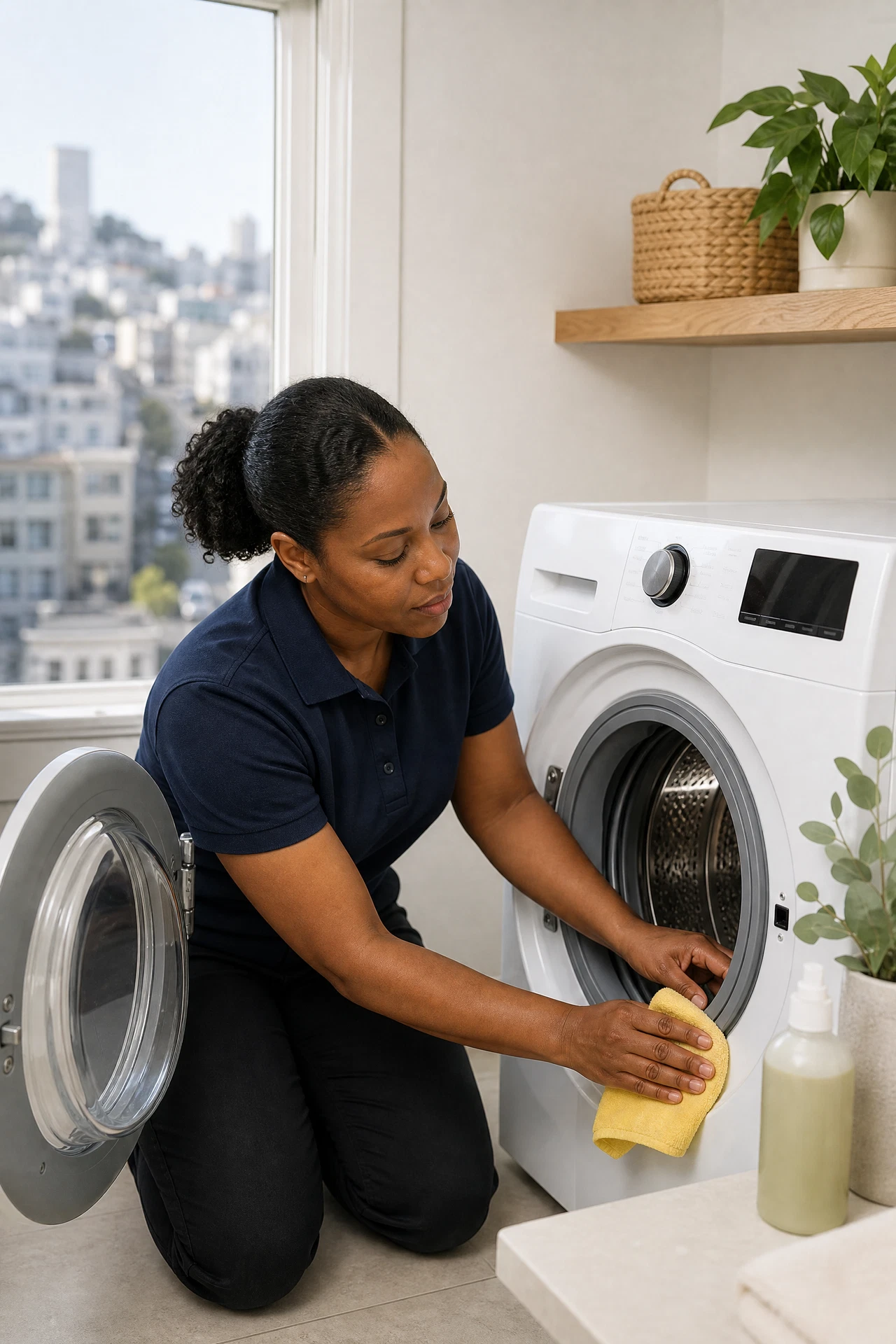 Black woman cleaner in a navy polo cleaning the gasket of a front-load washing machine in a bright laundry room