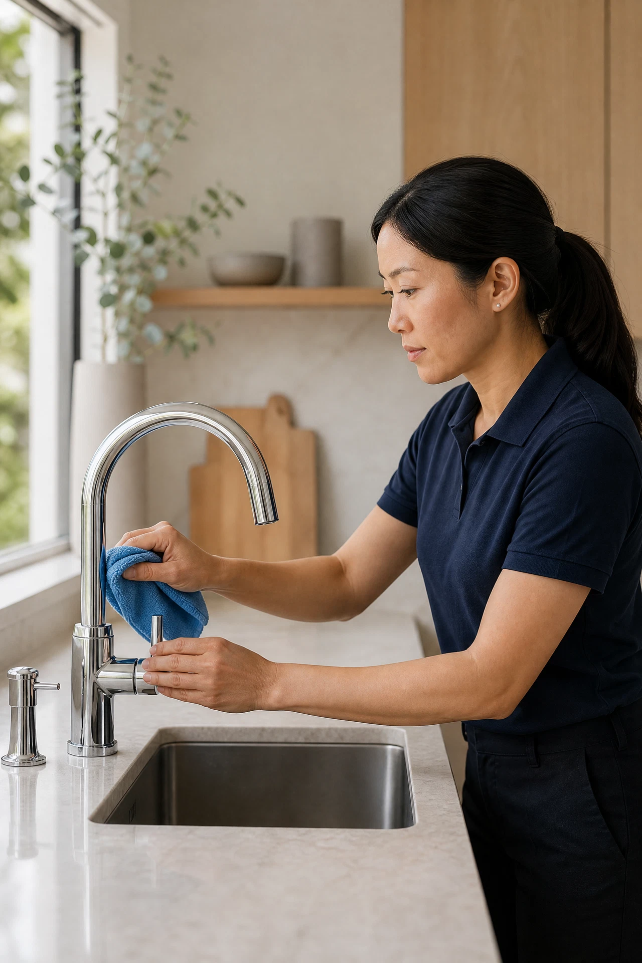 Asian woman cleaner in a navy polo polishing a chrome faucet on a pale stone kitchen counter