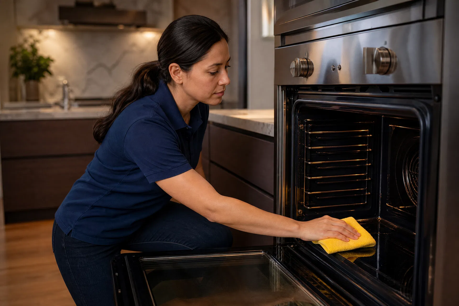 Professional deep cleaning a San Francisco kitchen oven with yellow cloth