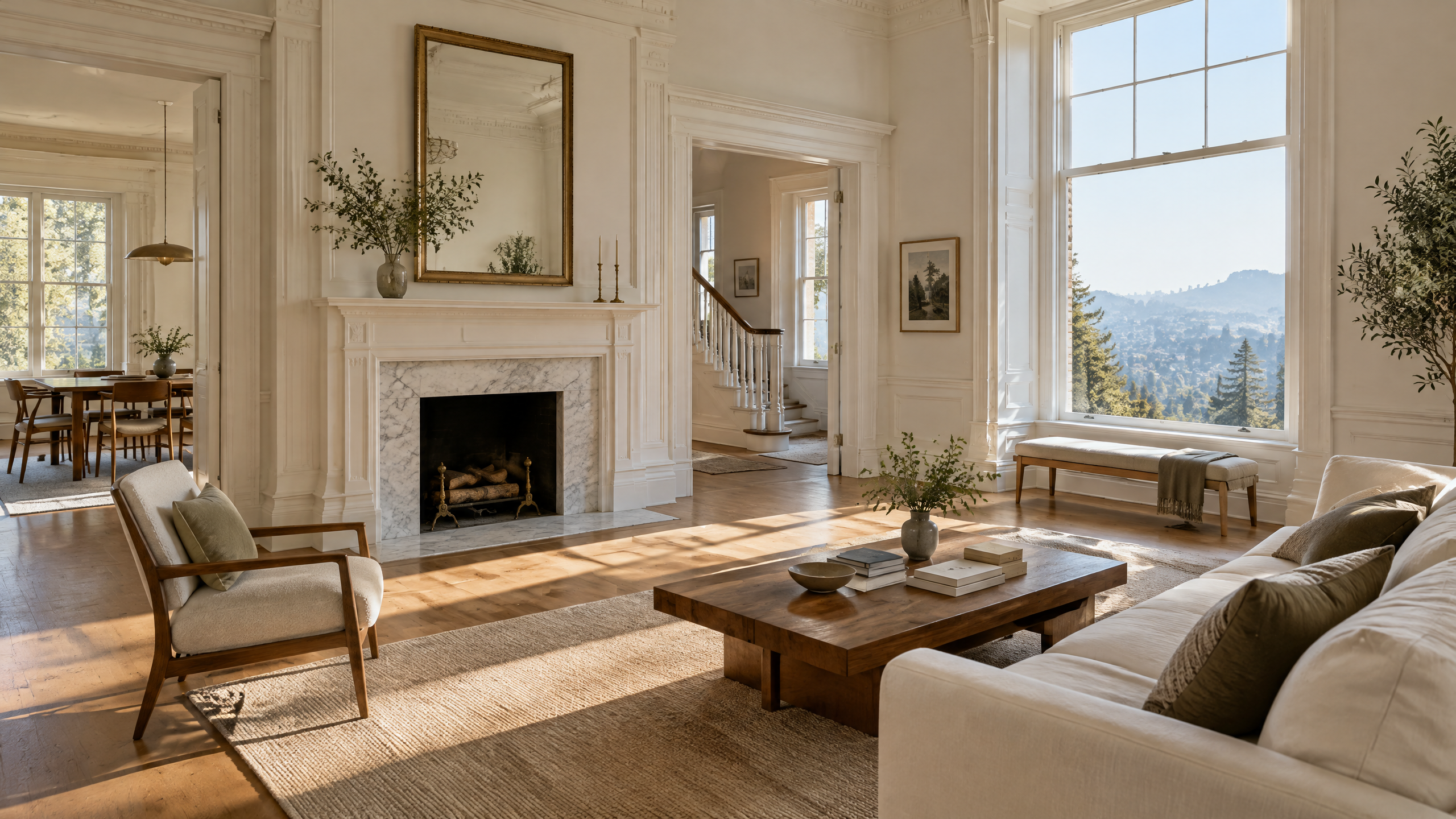 Sunlit Piedmont hillside home interior with tall white millwork, marble fireplace surround, wide-plank wood floor, and a calm valley view