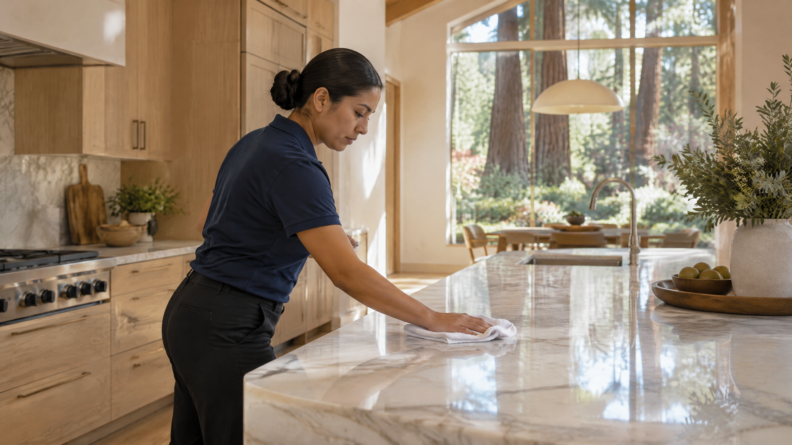 Latina professional cleaner in a plain navy polo carefully wiping a marble island in a Ross estate kitchen