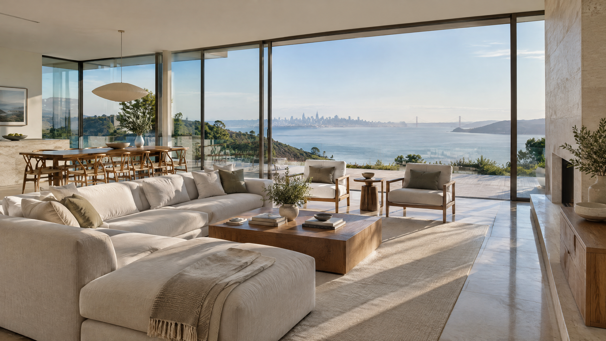 Tiburon bay-view living room with floor-to-ceiling glass, pale stone surfaces, and the San Francisco skyline beyond