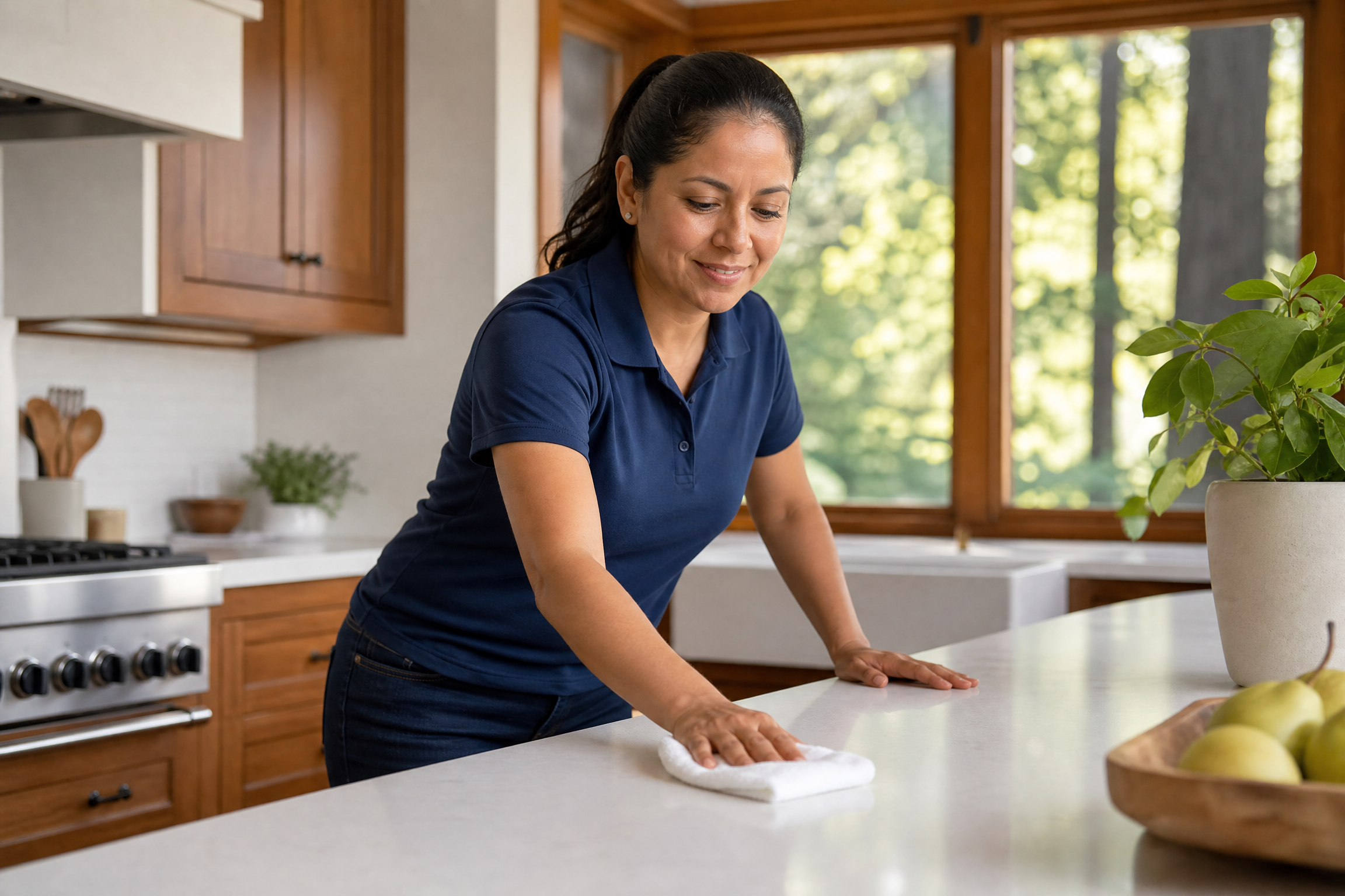Professional Latina female cleaner wiping a spotless white kitchen counter in a Marin County Craftsman home