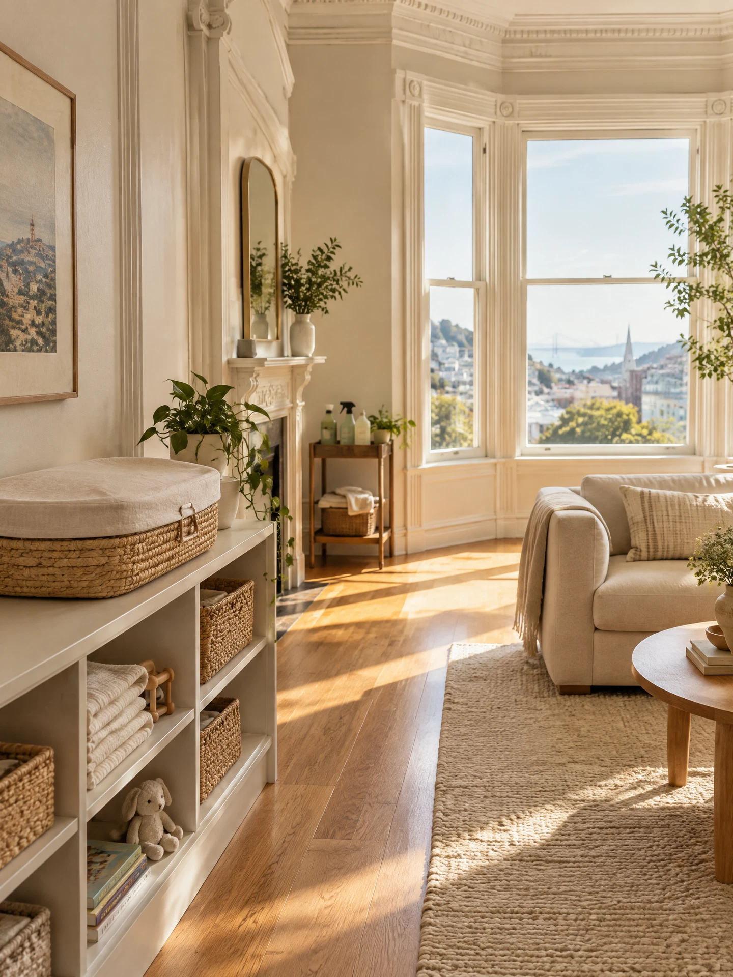 Sunlit San Francisco nursery-adjacent living room with clean oak floors and calm cream textiles