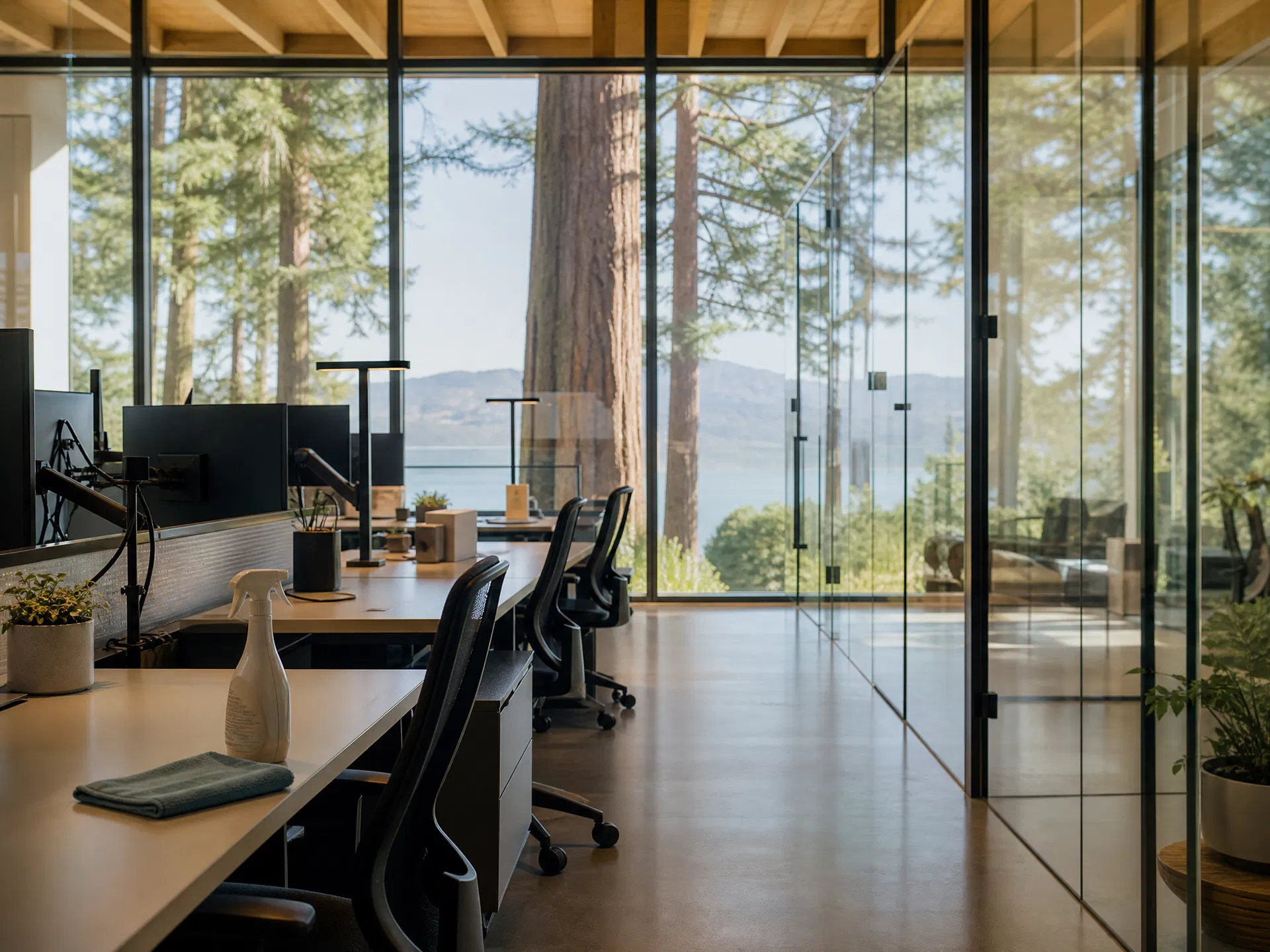 Spotlessly clean modern office in Marin County with polished floors and glass partitions
