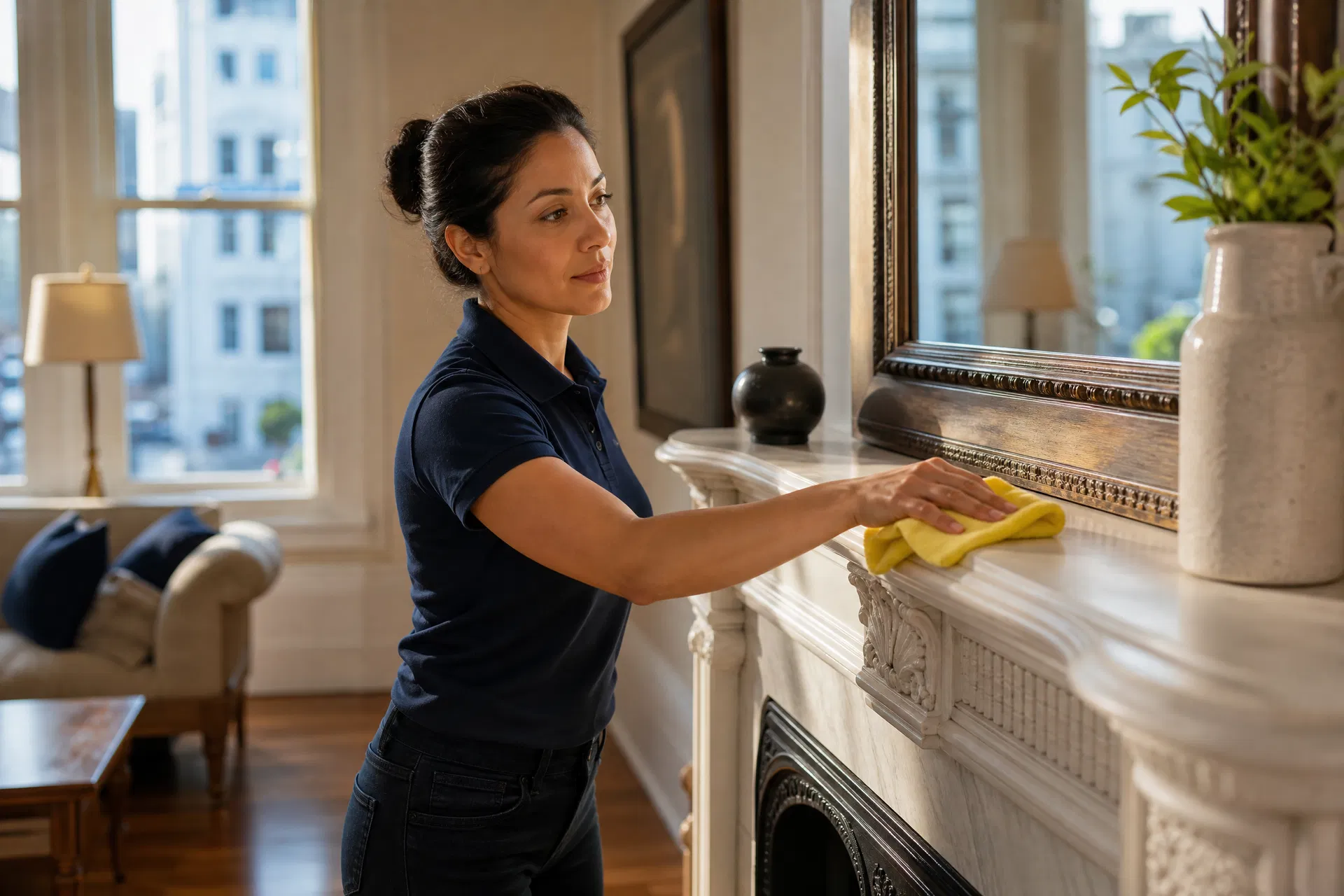 Professional deep cleaning a San Francisco Victorian living room mantelpiece