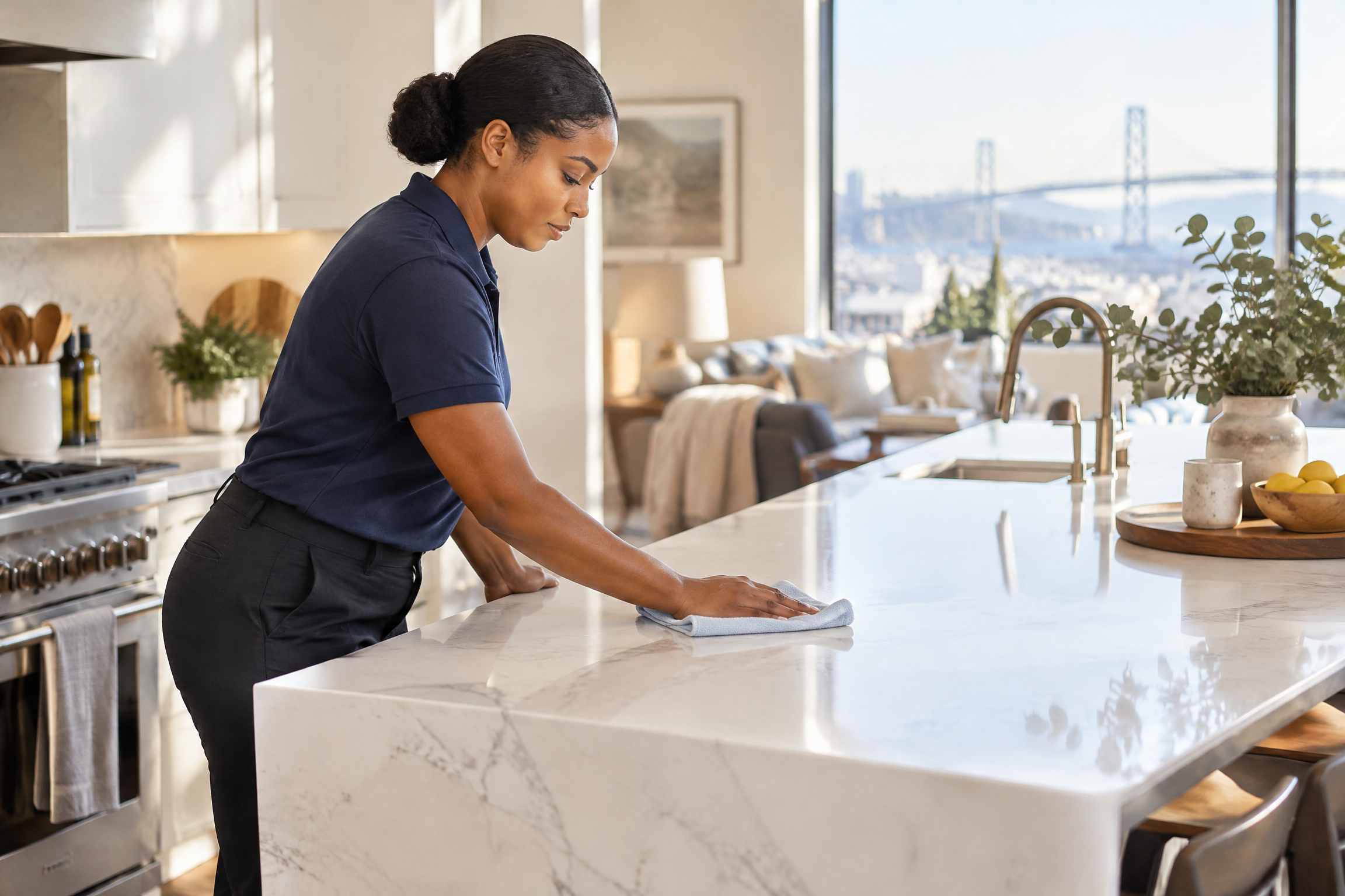 Black woman cleaner in a plain navy polo wiping a quartz kitchen island in a bright San Francisco home