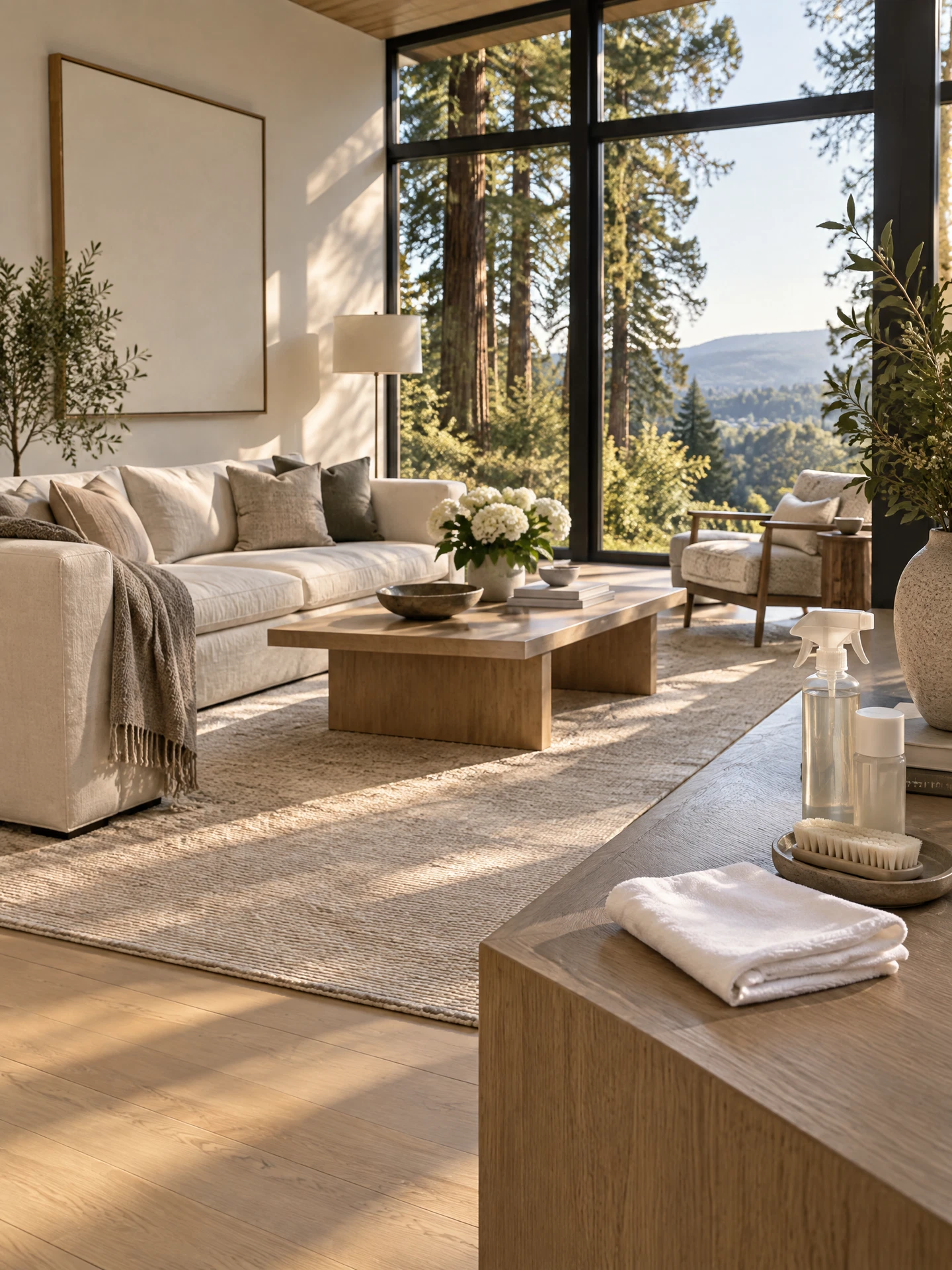 Immaculate staged Marin County living room with linen seating, pale oak furniture, and redwood view