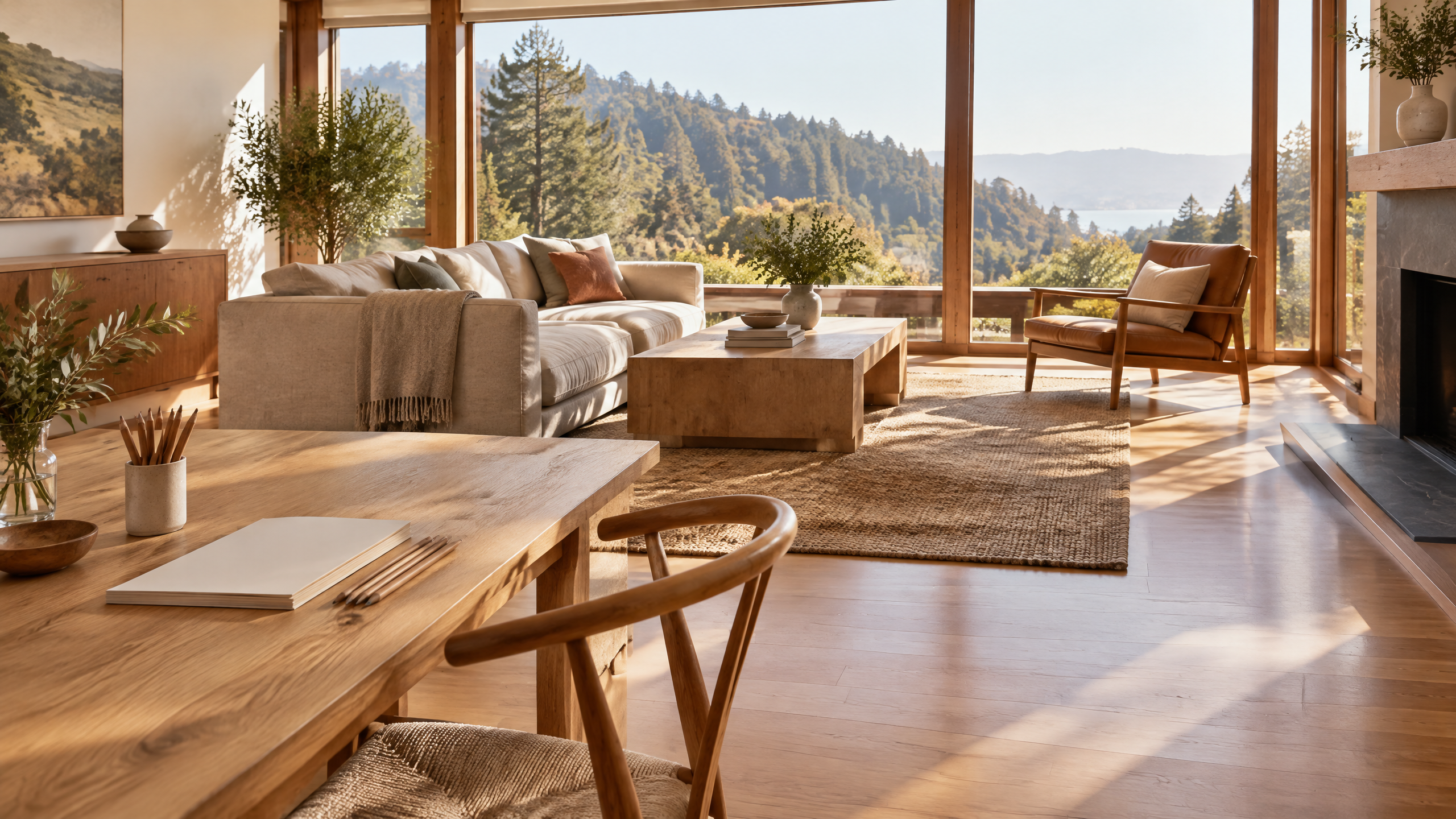 Calm Marin County family living room with a tidy craft table, clean oak floor, and redwood hillside view