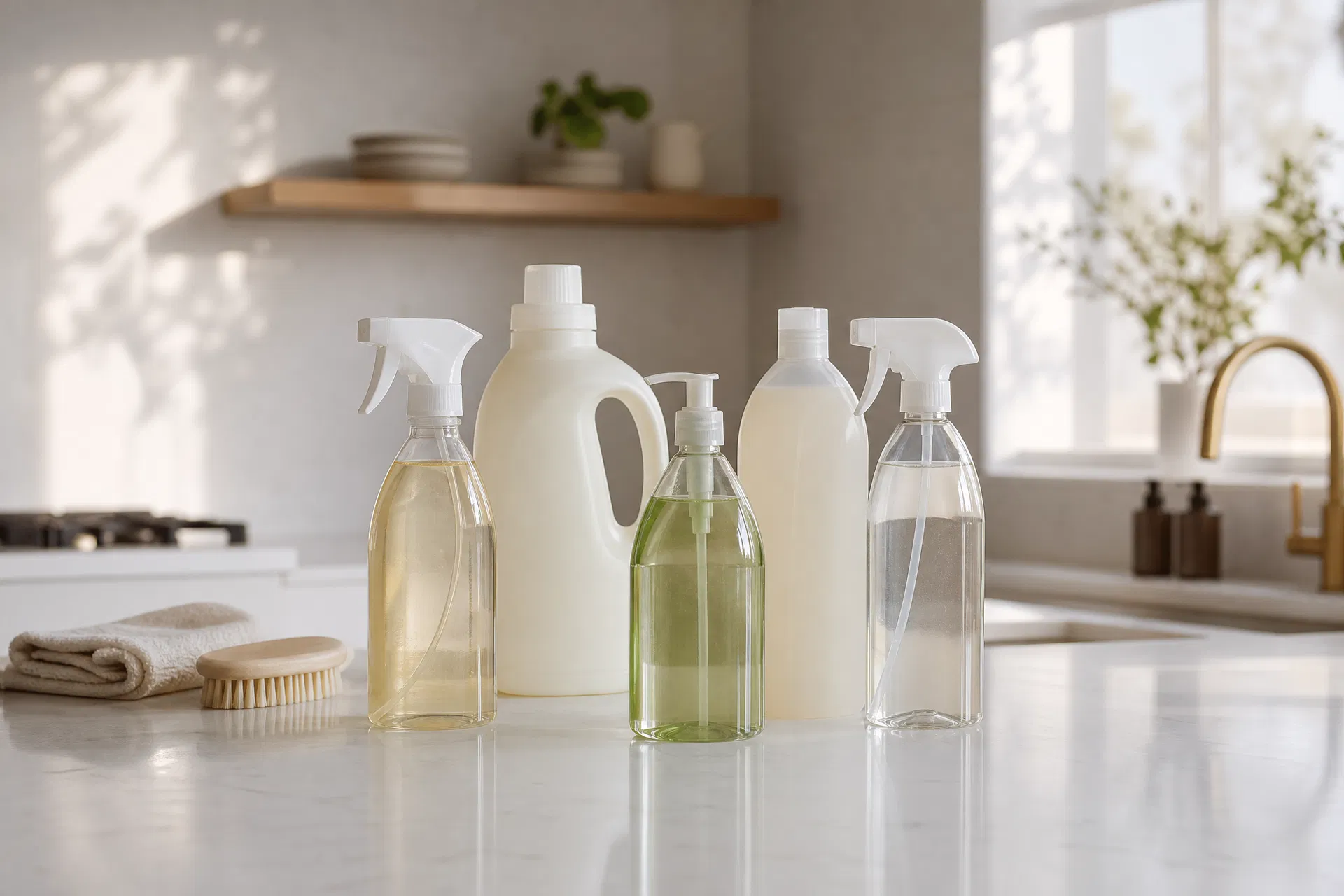 Eco-friendly cleaning products on a San Francisco kitchen countertop