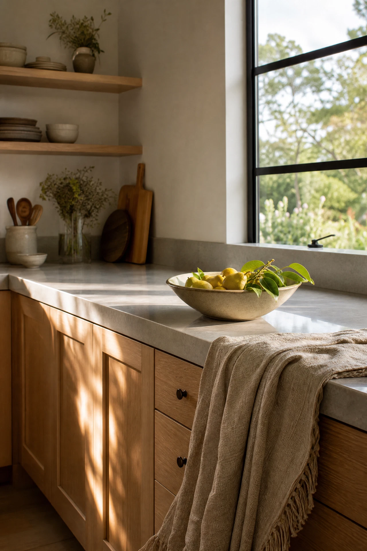A clean sunlit Sebastopol kitchen with pale wood cabinetry and a simple linen runner