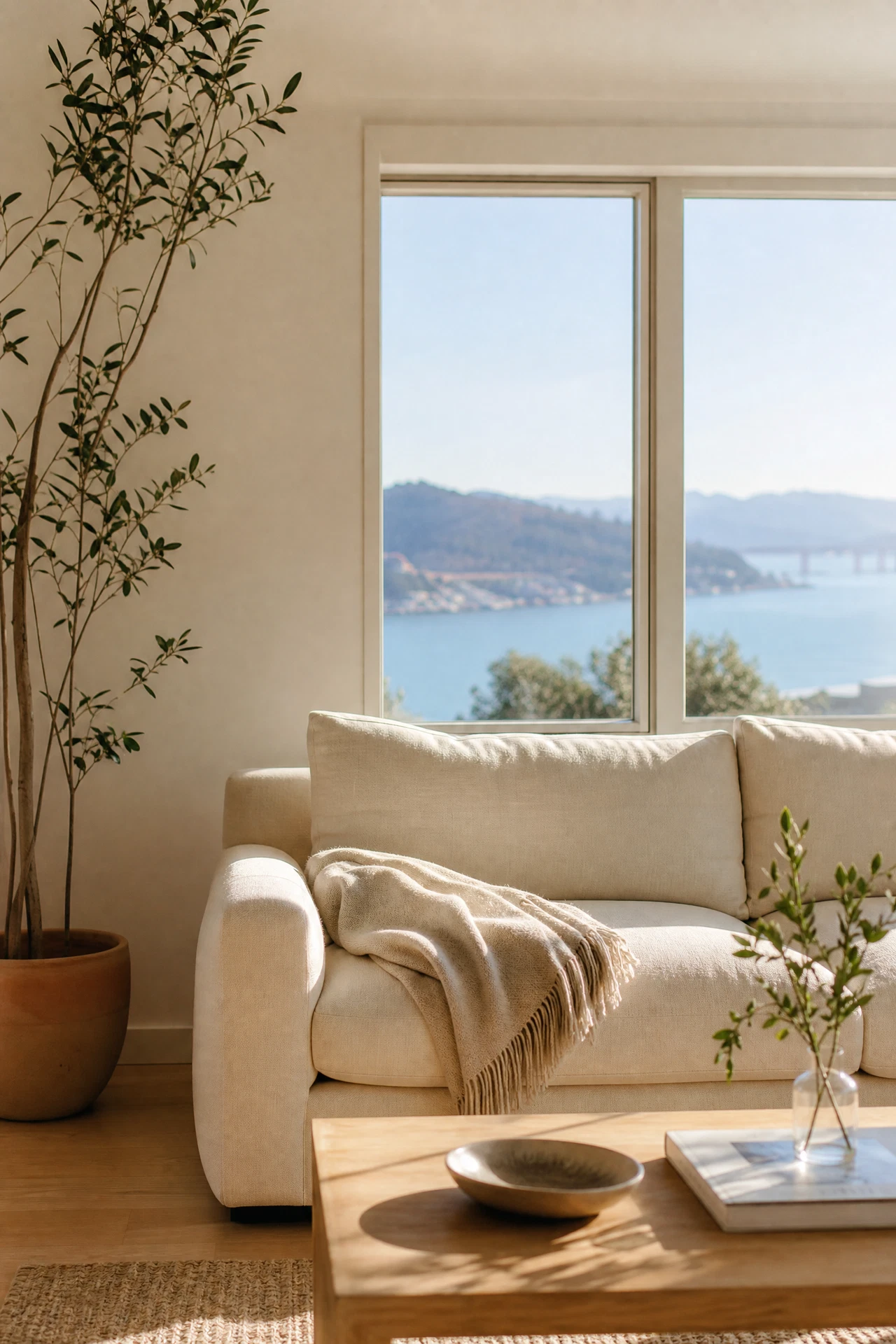 A pristine sunlit Strawberry, Marin County living room with a soft linen sofa and subtle bay view