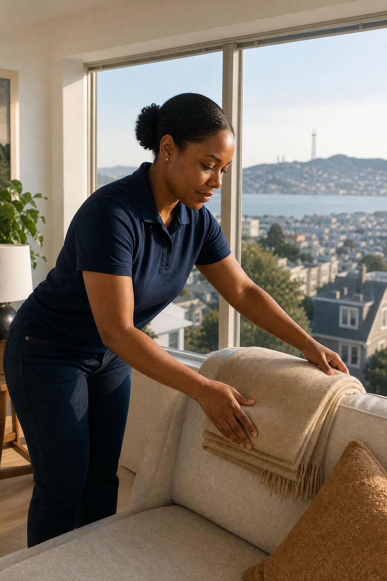 Black woman cleaner in a navy polo arranging a clean throw on a bright Twin Peaks living room sofa