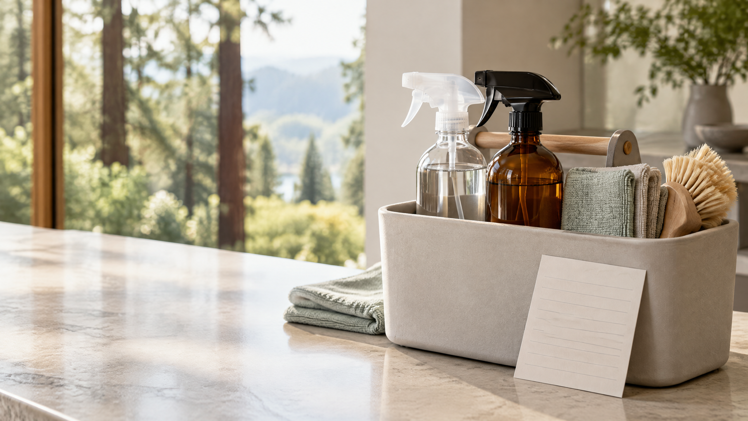 Organized unbranded cleaning caddy with cloths and tools on a pale stone counter in a sunlit Mill Valley home