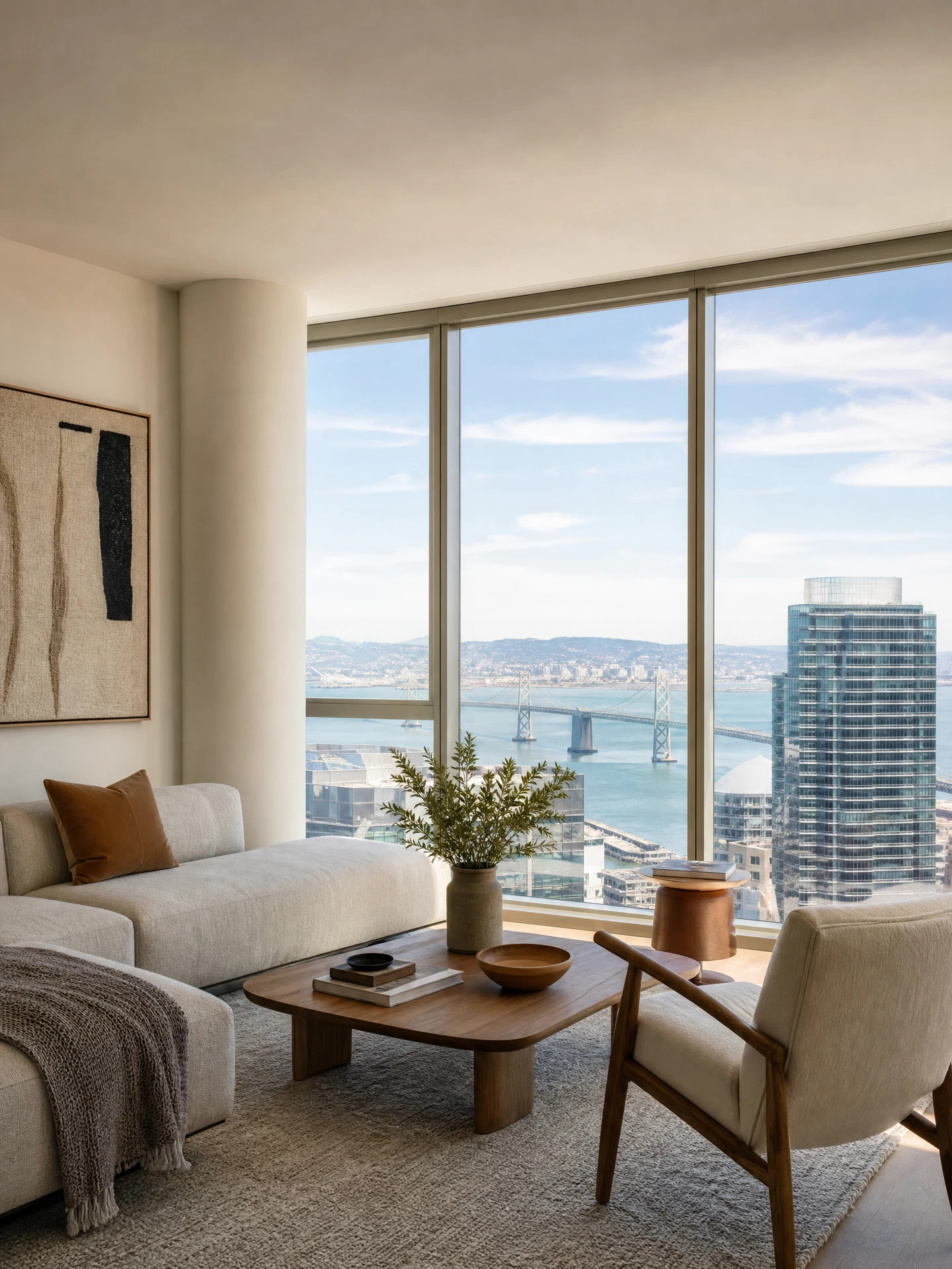 Wide Mission Bay apartment interior with modern furniture and soft bay light through tall windows