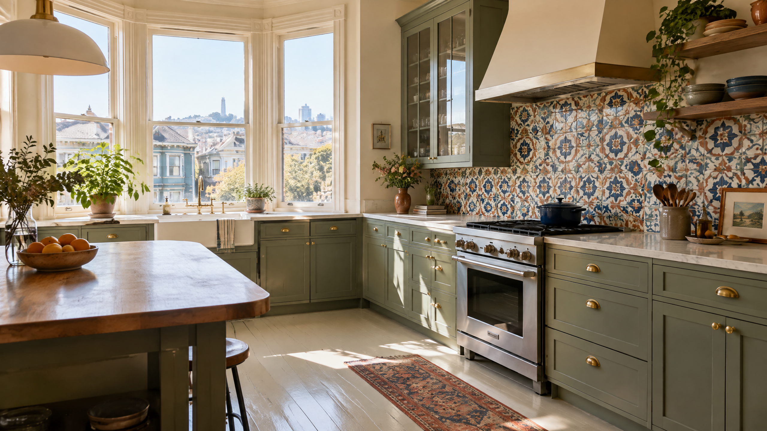 Clean Mission District Victorian kitchen with painted cabinetry, handmade tile, and natural light