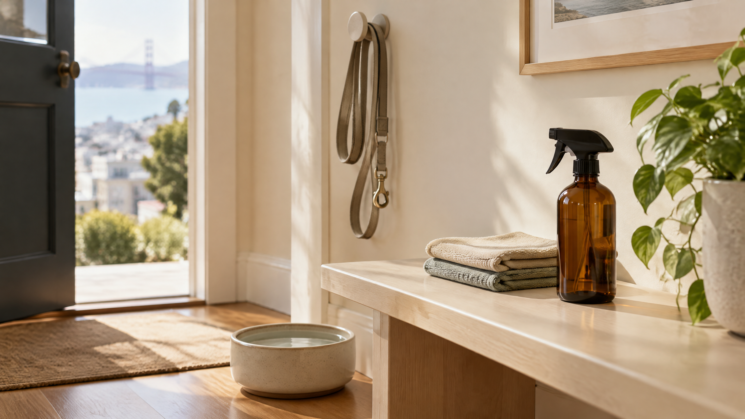 Clean San Francisco pet-friendly entryway with a ceramic water bowl, folded microfiber cloths, and unbranded amber spray bottle