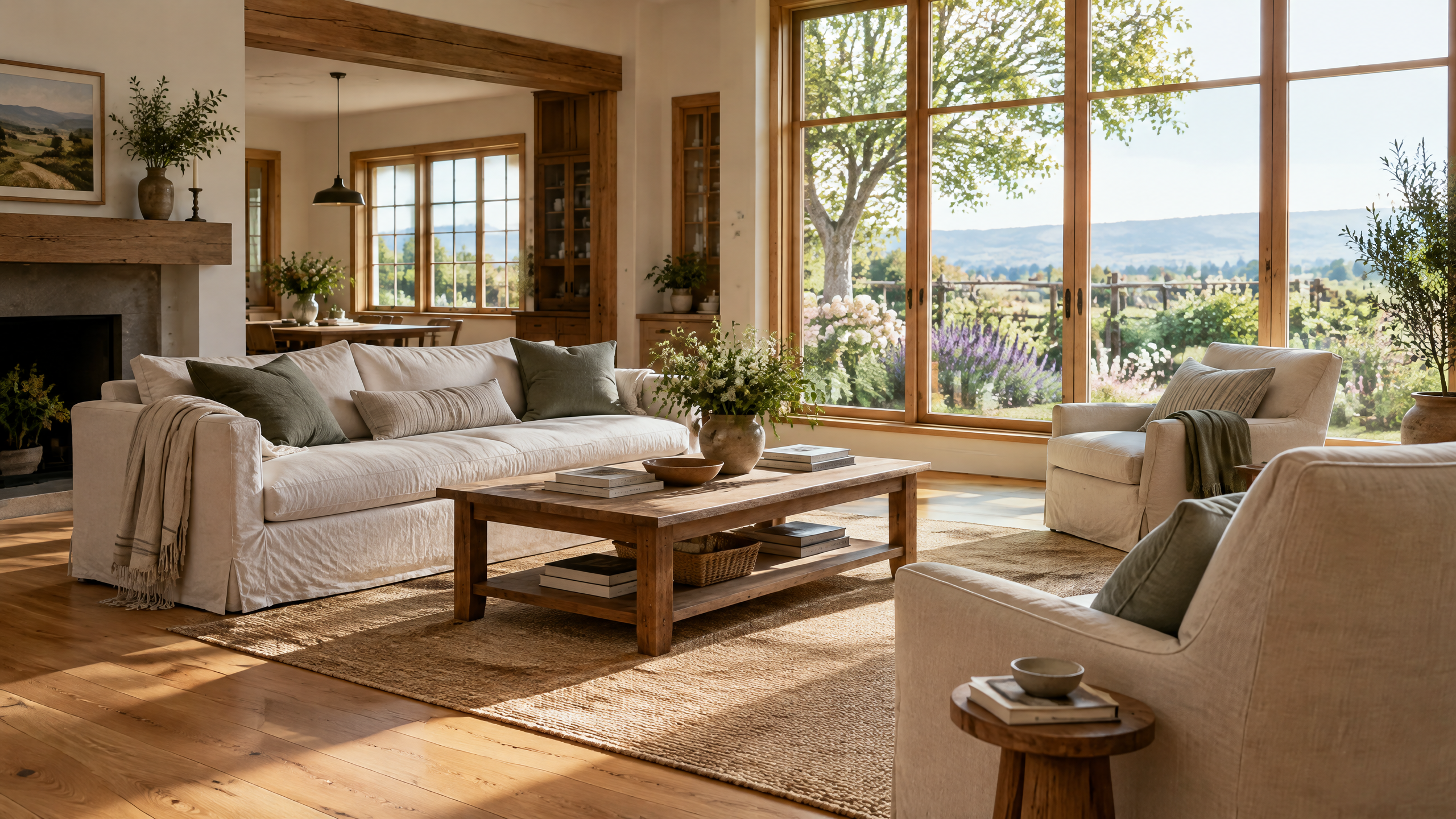 Sunlit Petaluma farmhouse living room with clean wide-plank floors, warm wood, and a garden view