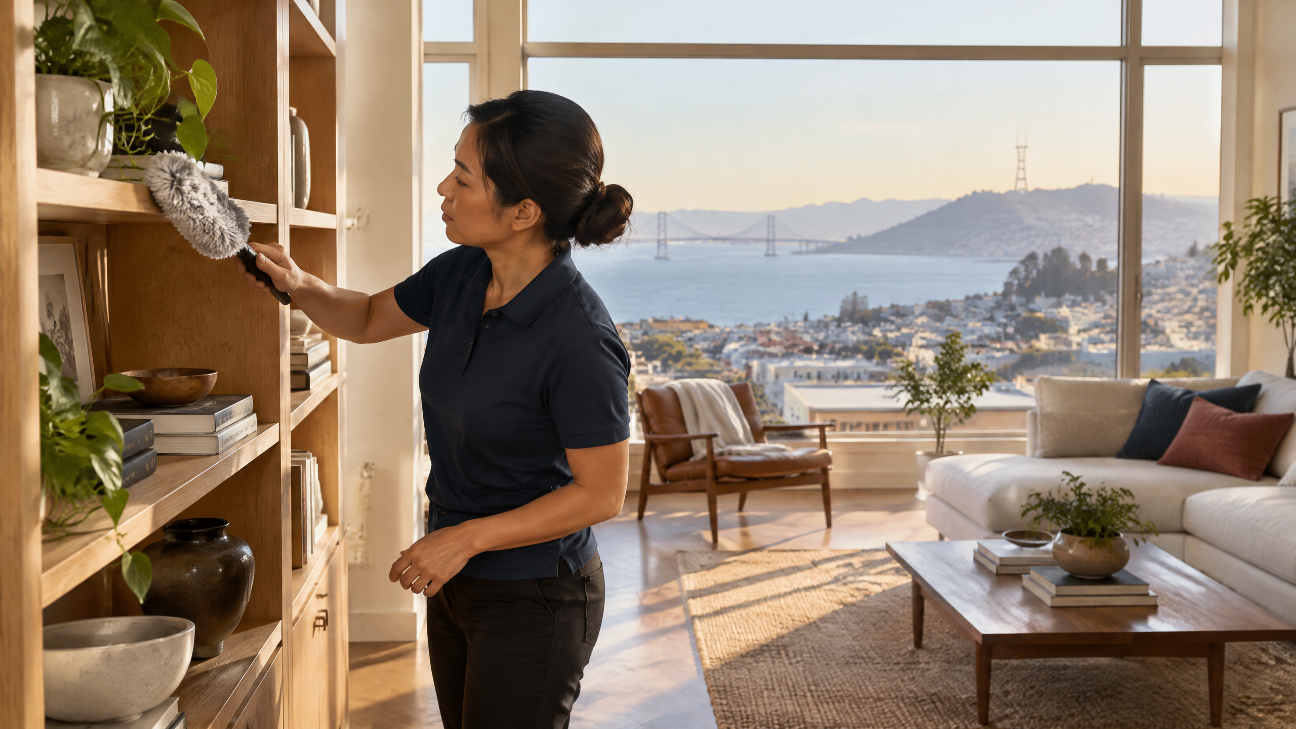 Asian woman cleaner in a plain navy polo dusting shelves in a bright Potrero Hill living room with a bay view