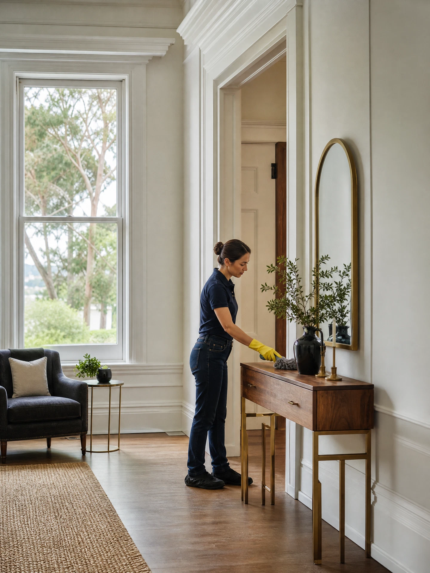 Professional woman cleaner in a navy polo dusting a wood-and-brass console in a bright Presidio home