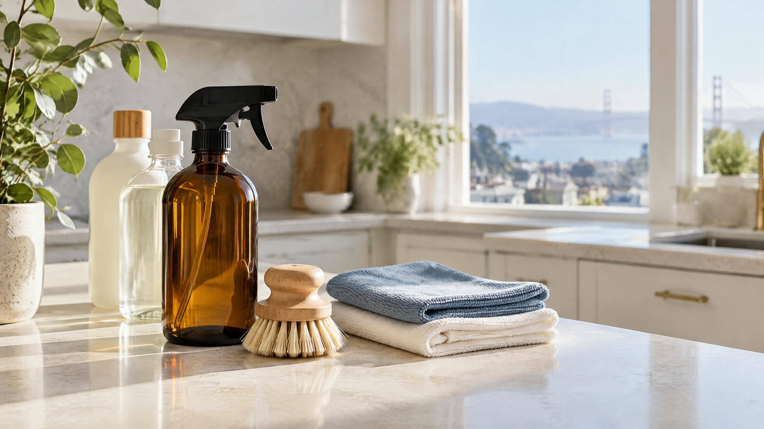 Unbranded amber cleaning bottles, microfiber cloths, and a natural brush arranged in a bright Richmond District kitchen