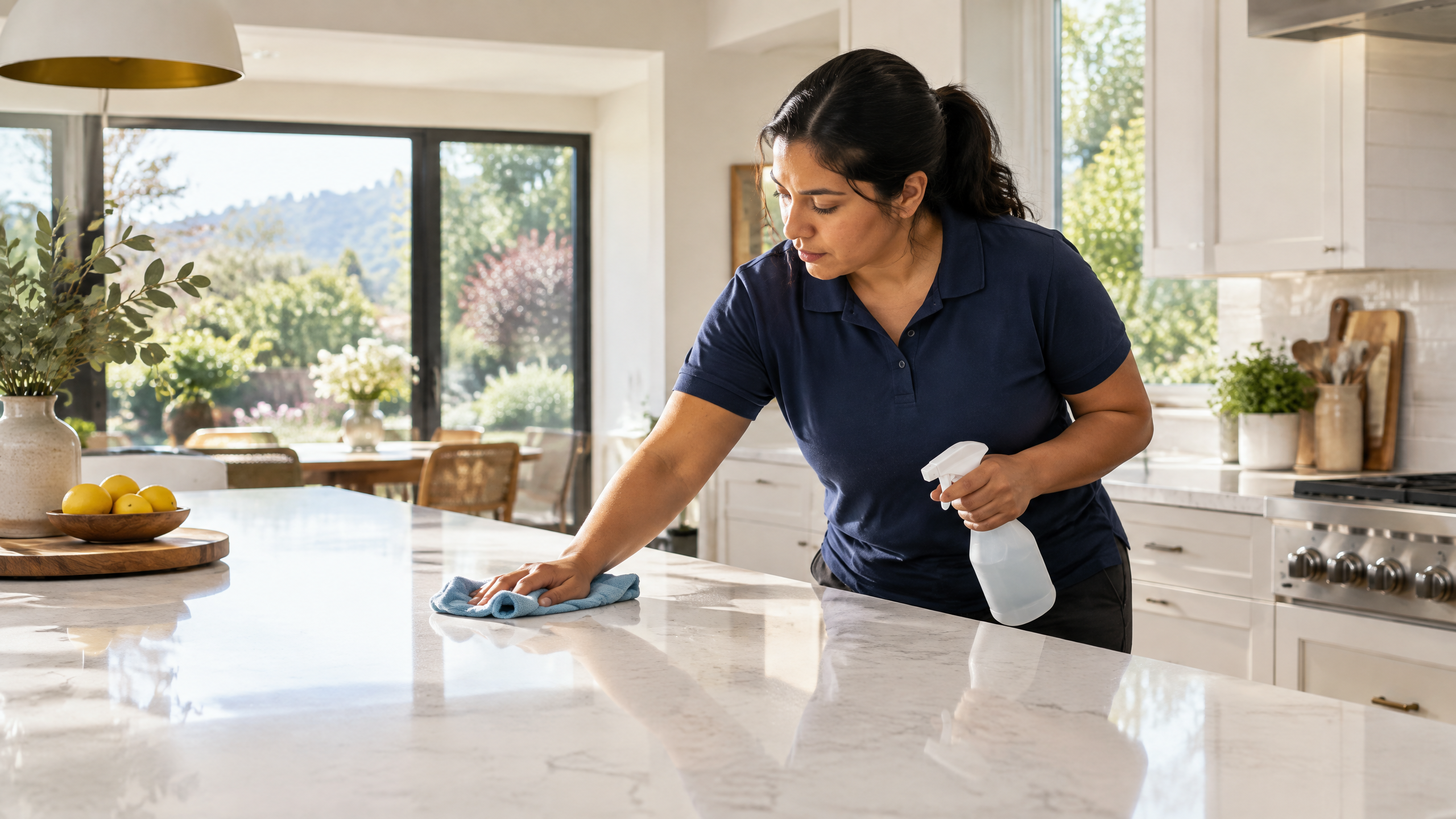 Latina woman cleaner in a plain navy polo cleaning a quartz island in a bright Santa Rosa home