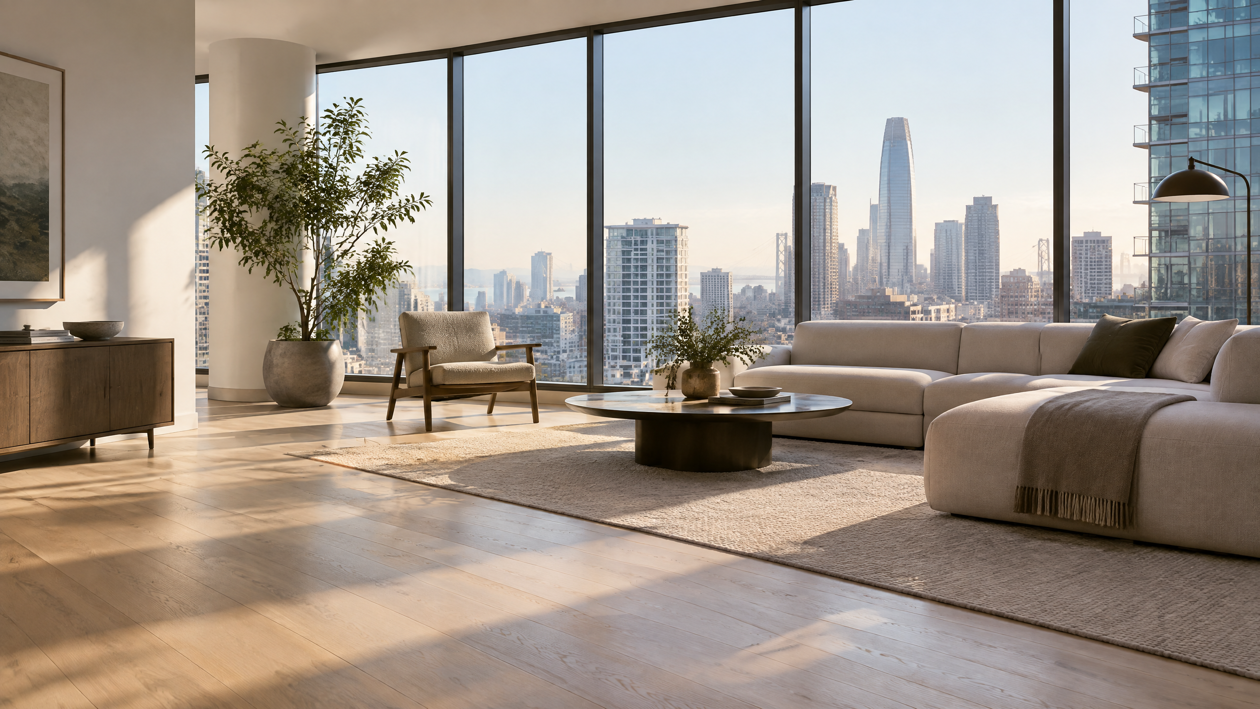 Sunlit modern SoMa apartment living room with floor-to-ceiling San Francisco skyline windows and clean pale oak floors
