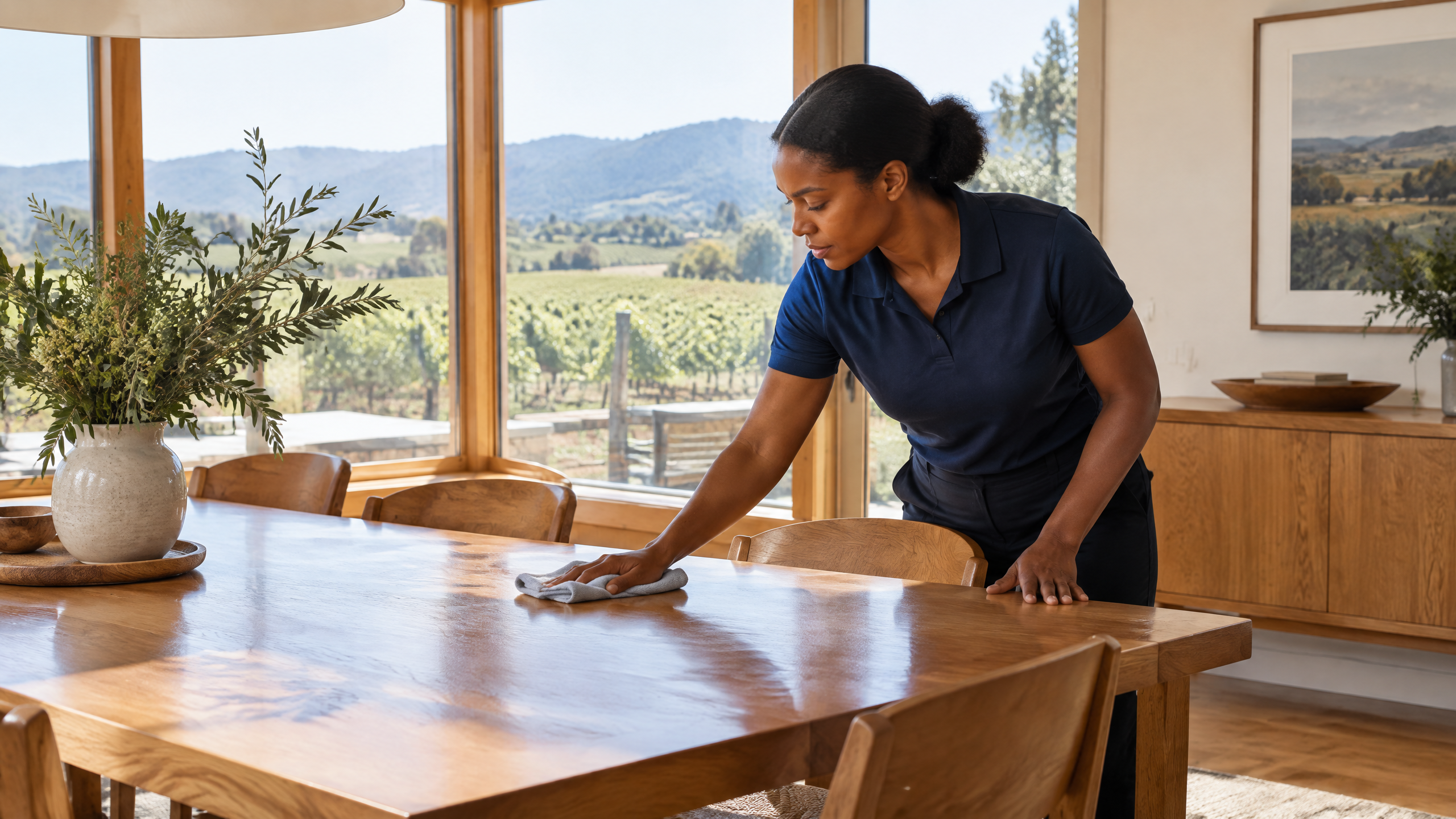 Black woman cleaner in a plain navy polo wiping a dining table in a Sonoma County home with vineyard-facing windows
