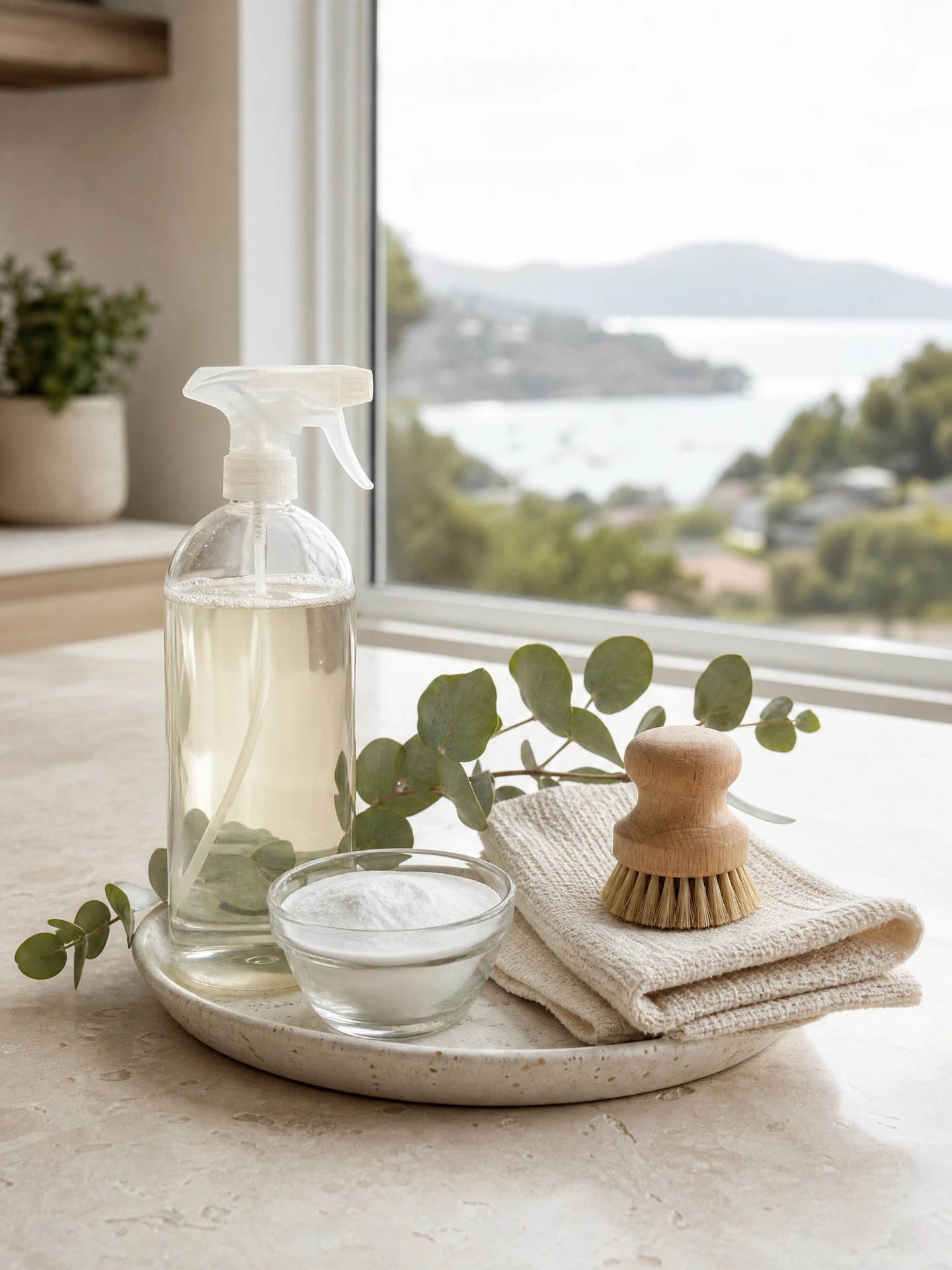 Unbranded plant-based cleaning supplies and natural tools styled on a bright Strawberry, Marin County counter