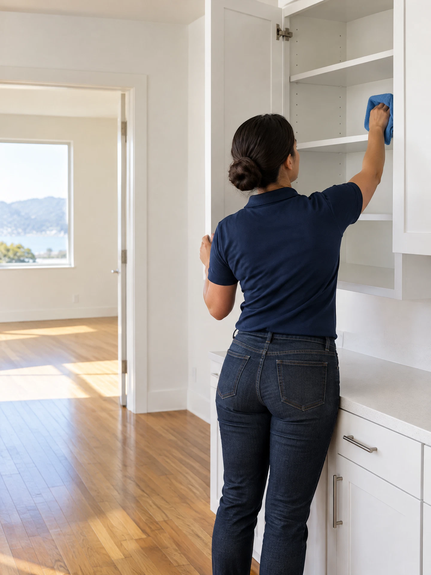 Woman cleaner in a navy polo cleaning an empty kitchen cabinet in a bright Marin County rental home