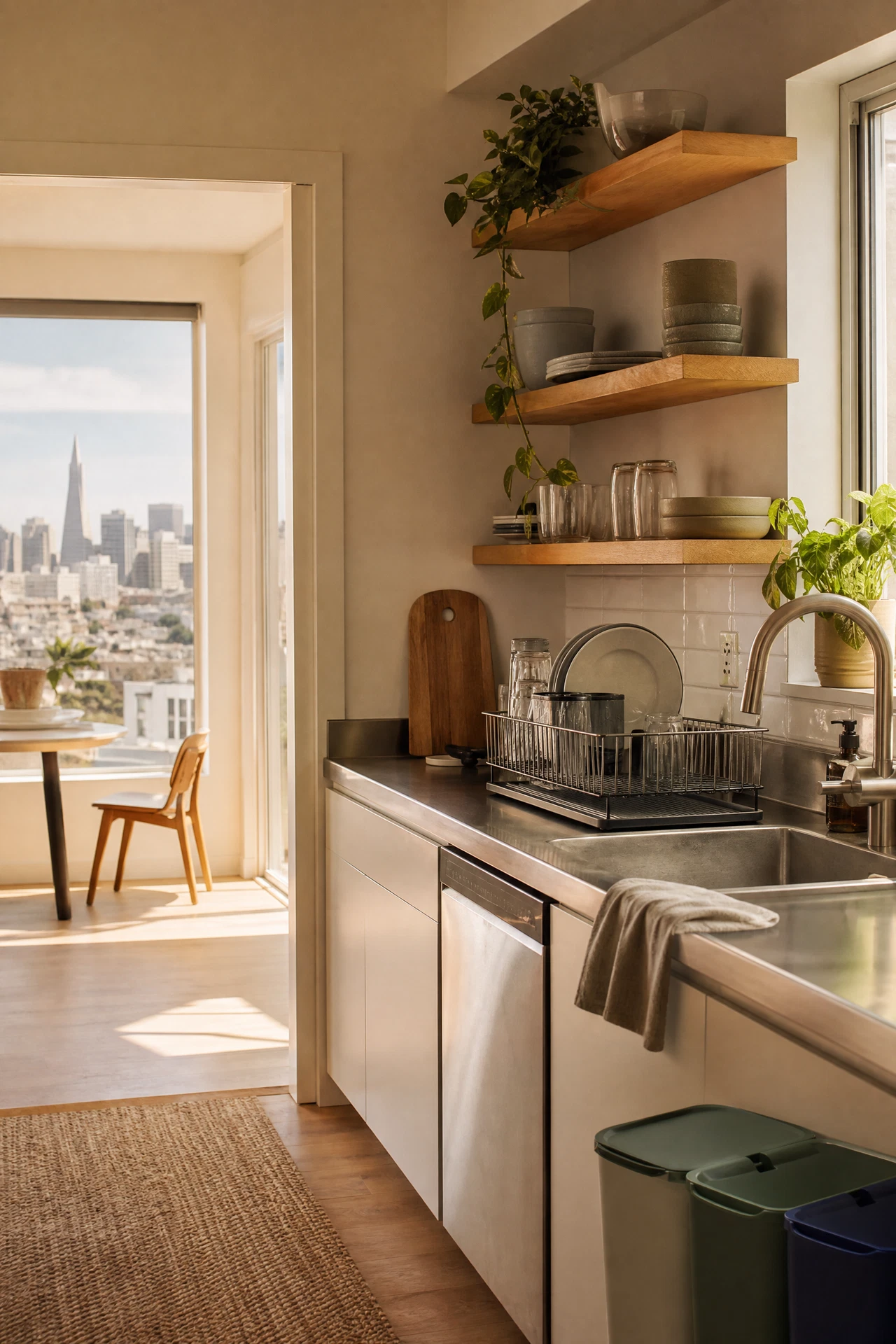 Bright clean shared San Francisco apartment kitchen with organized common-area supplies