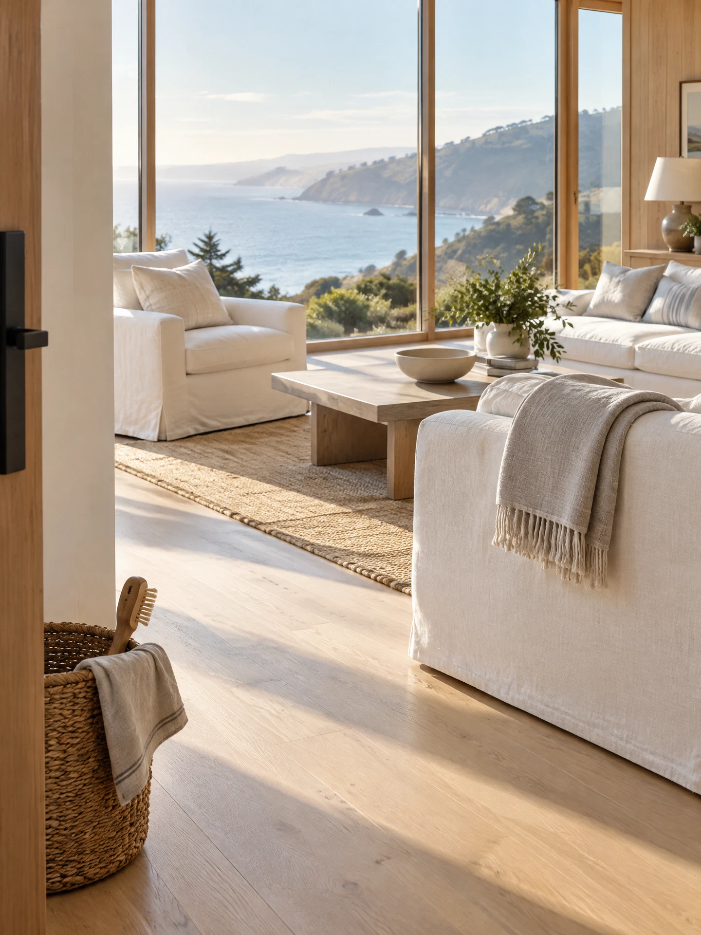 Serene coastal Marin County second-home living room with linen seating, pale wood floors, and ocean hillside light
