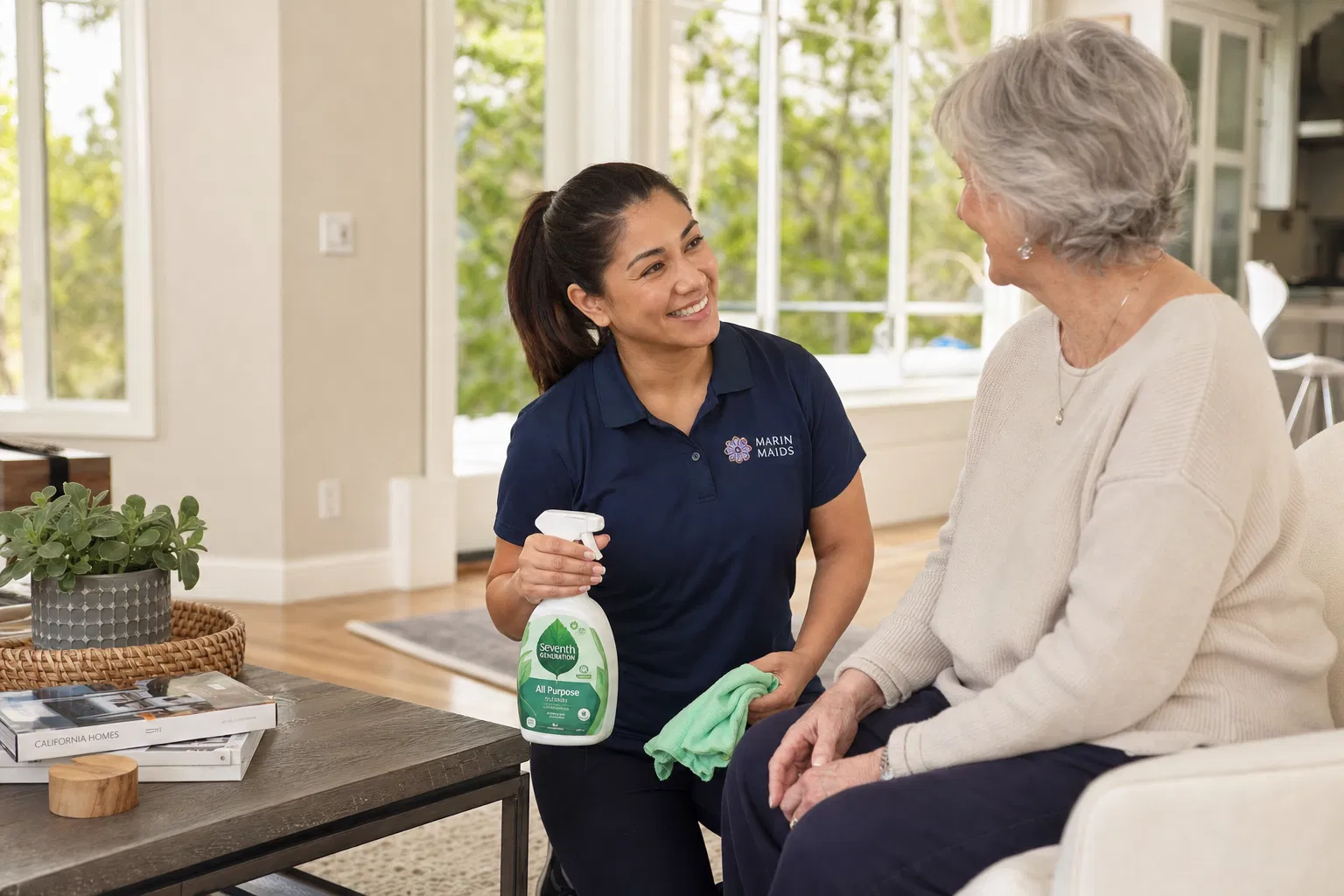 Green Planet cleaner with eco-friendly products helping a senior in her Marin County home