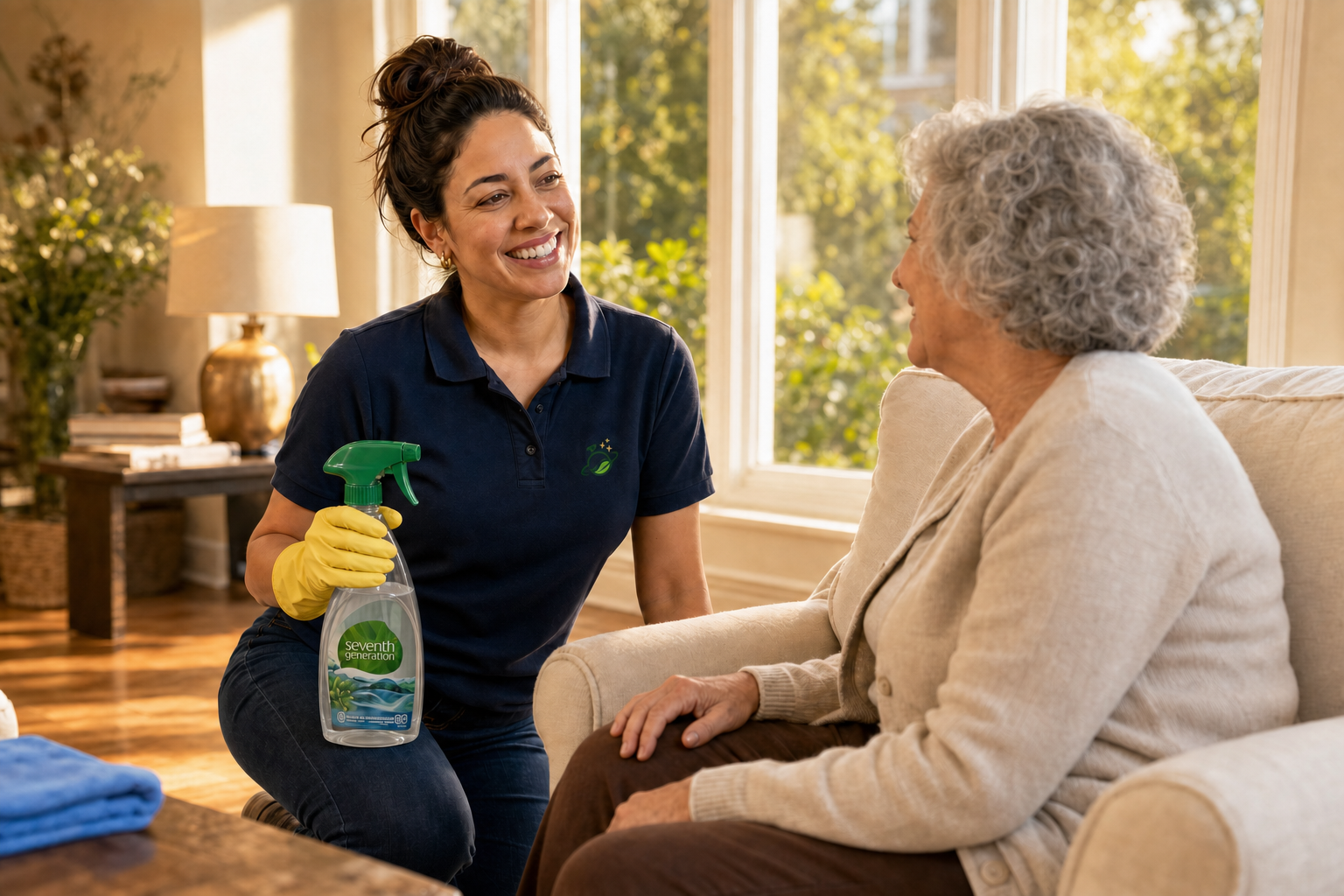 Green Planet cleaner with eco-friendly products helping a senior in her Marin County home