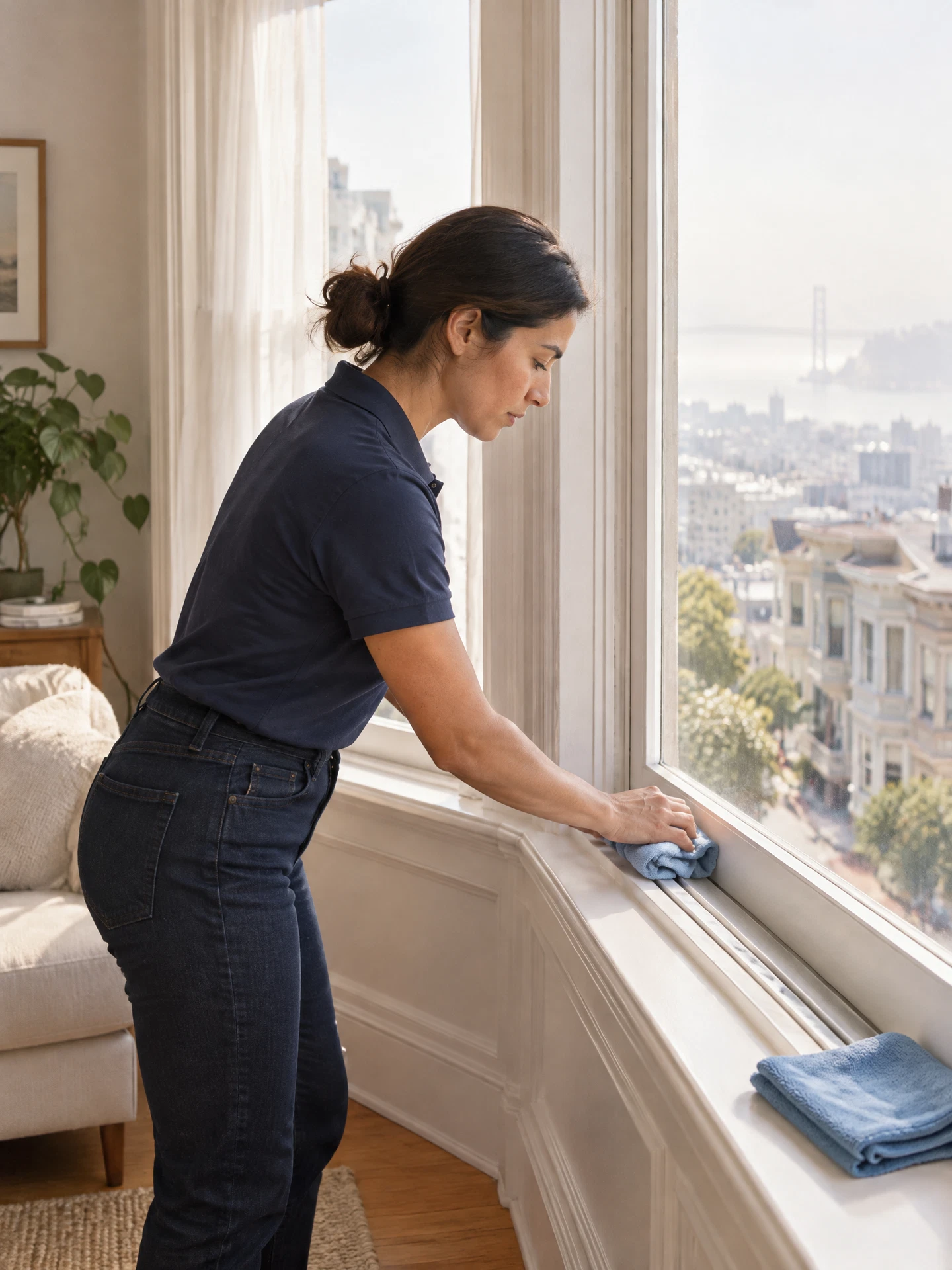 Woman cleaner in a navy polo cleaning a painted San Francisco Victorian bay-window track
