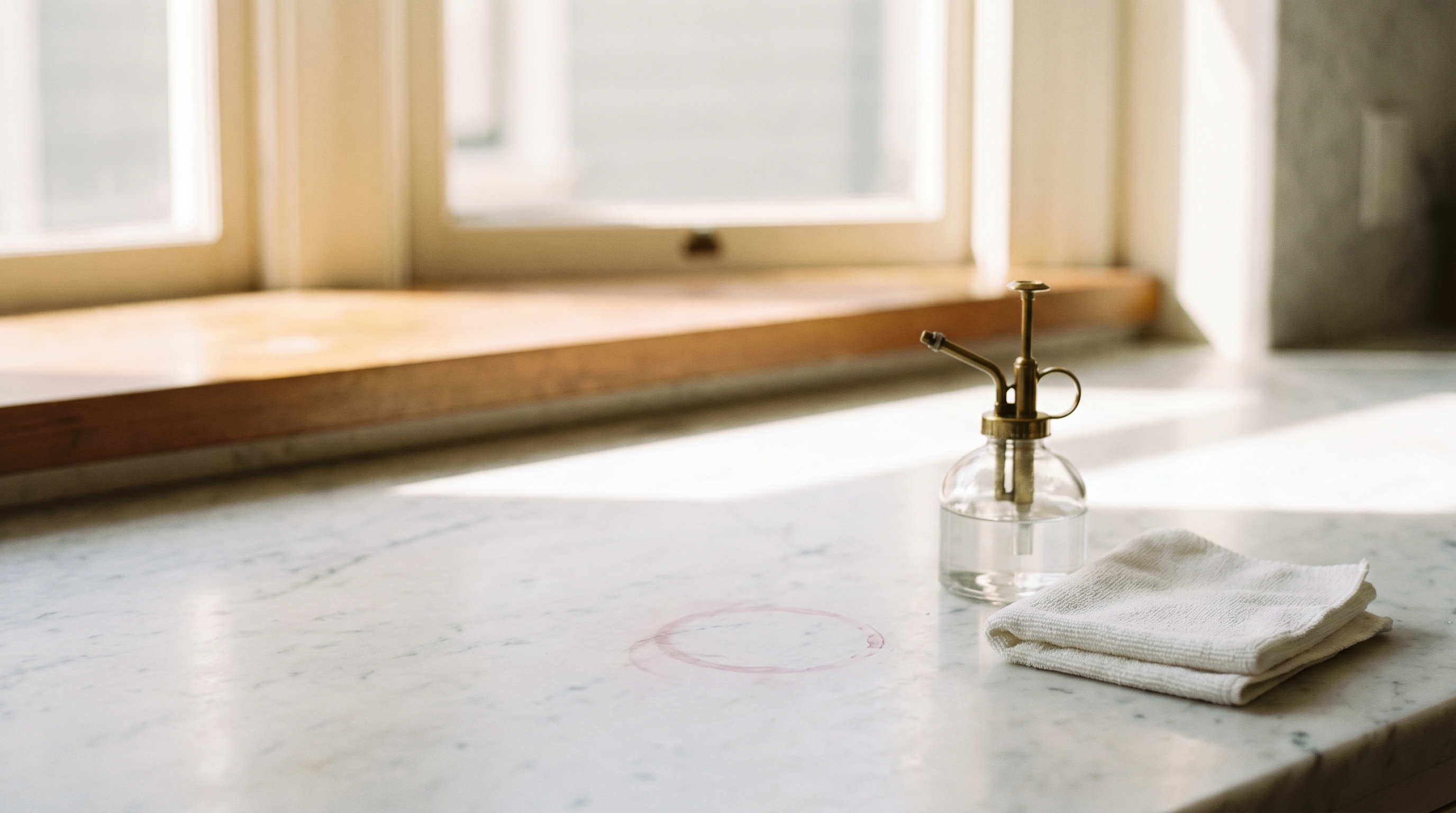 Close-up of a white marble countertop with a red wine ring being treated with a plant-based cleaning solution, natural morning light
