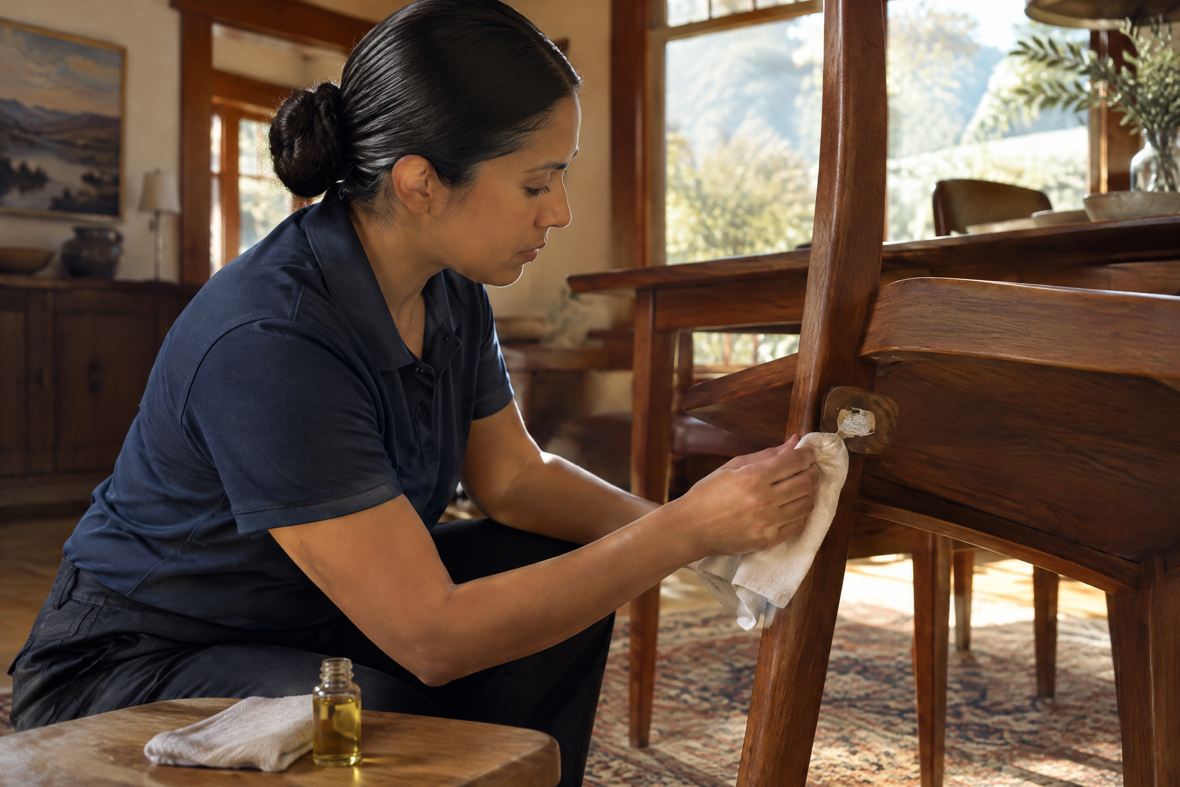 Latina woman cleaner in a plain navy polo carefully removing an old sticker from a walnut dining chair