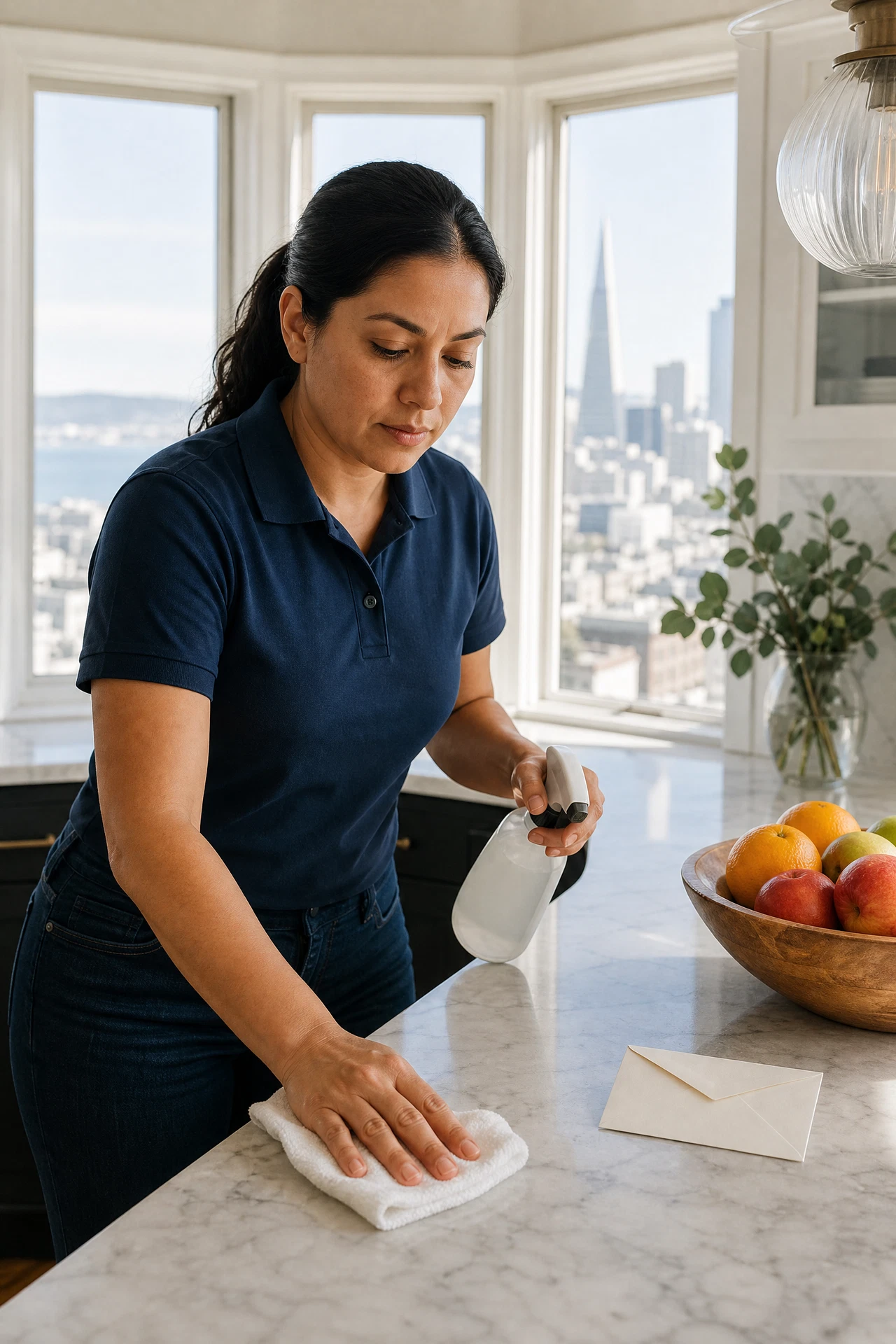 Latina woman cleaner in a navy polo detailing a sunlit San Francisco kitchen counter