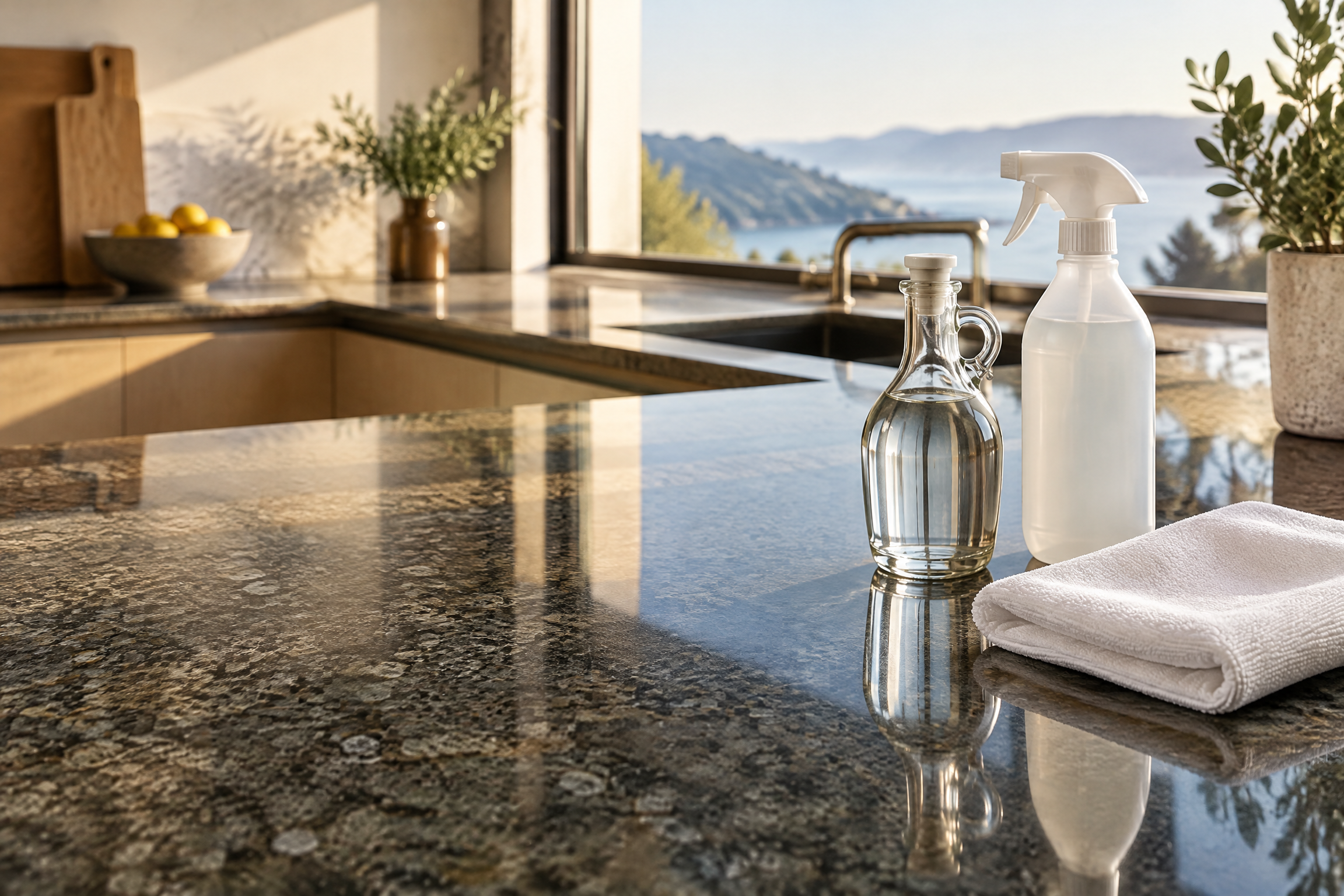 Granite kitchen counter with a vinegar bottle, neutral cleaner bottle, cloth, and Marin County bay view