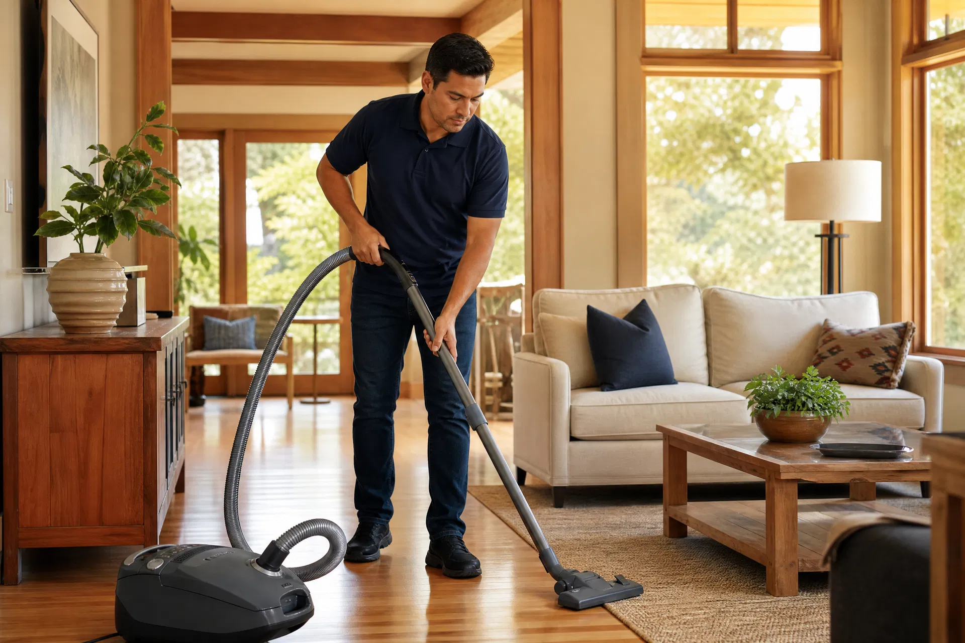 Latino male professional cleaner in navy polo vacuuming hardwood floors in a Marin County Craftsman home with Miele canister vacuum