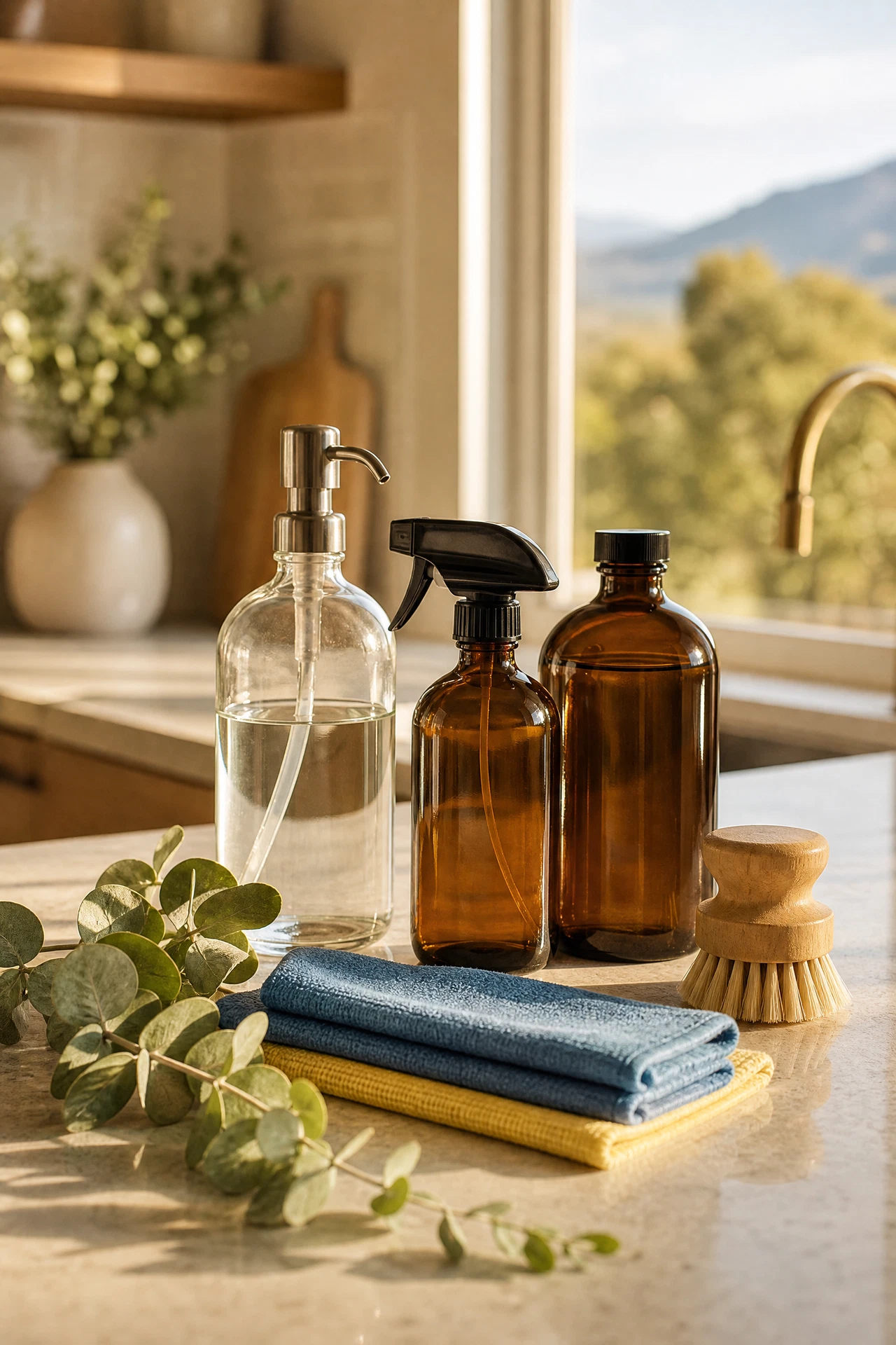 Eco-friendly cleaning supplies and folded microfiber cloths arranged on a bright Santa Rosa kitchen counter