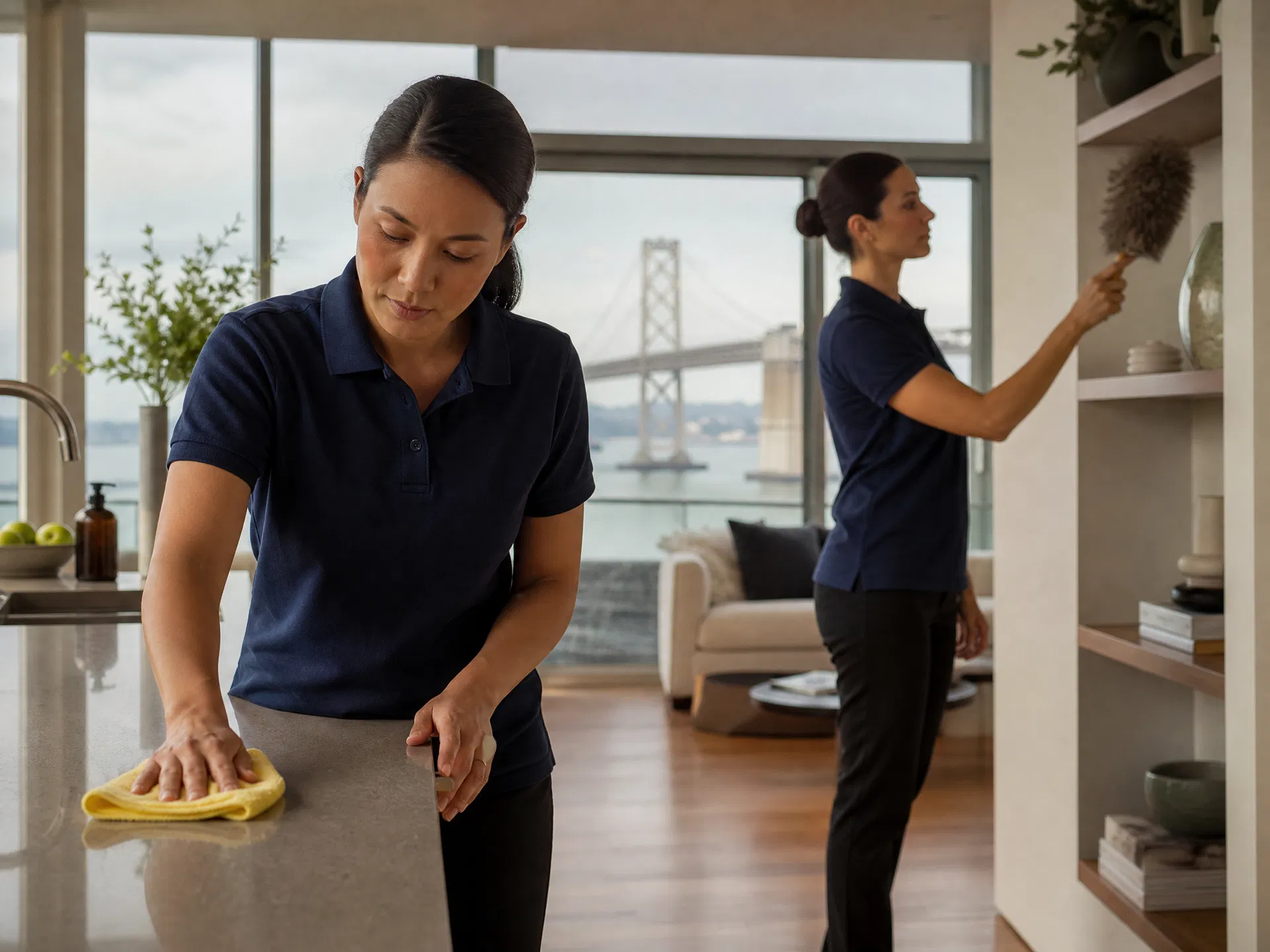 Two professional Green Planet cleaners in forest green uniforms cleaning a modern San Francisco home with Bay Bridge view