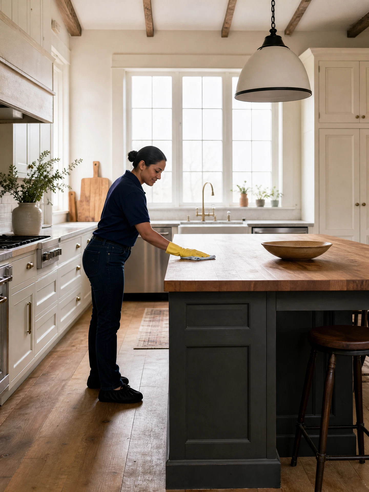 Professional woman cleaner in a navy polo working at a bright Petaluma farmhouse kitchen island
