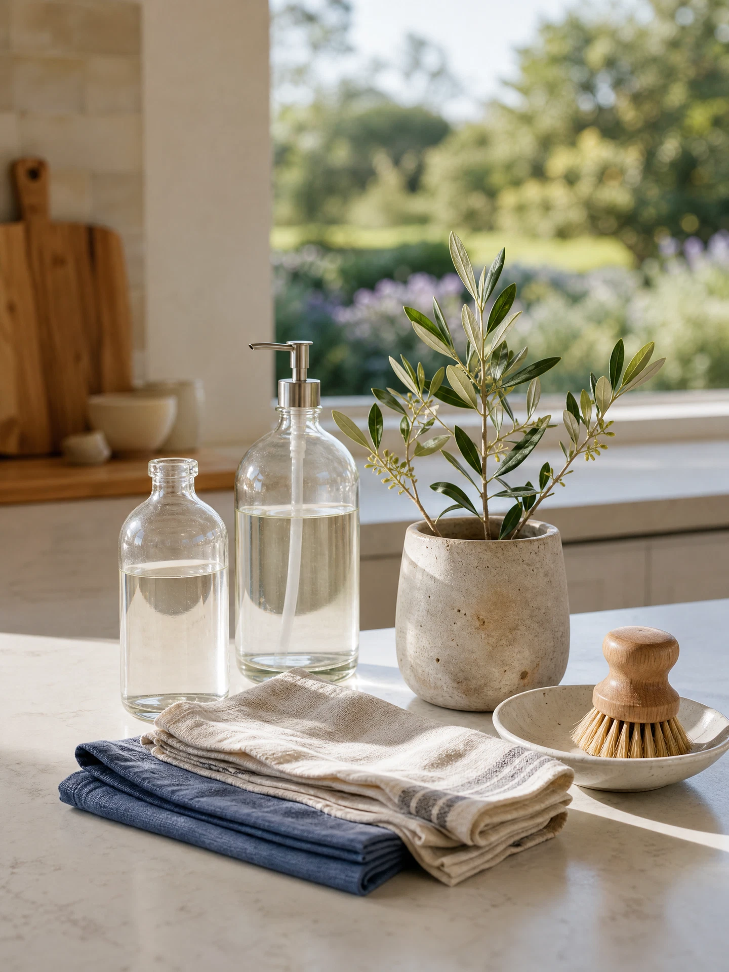 Unbranded refill bottles, natural cloths, and olive greenery styled on a sunlit Santa Rosa kitchen counter