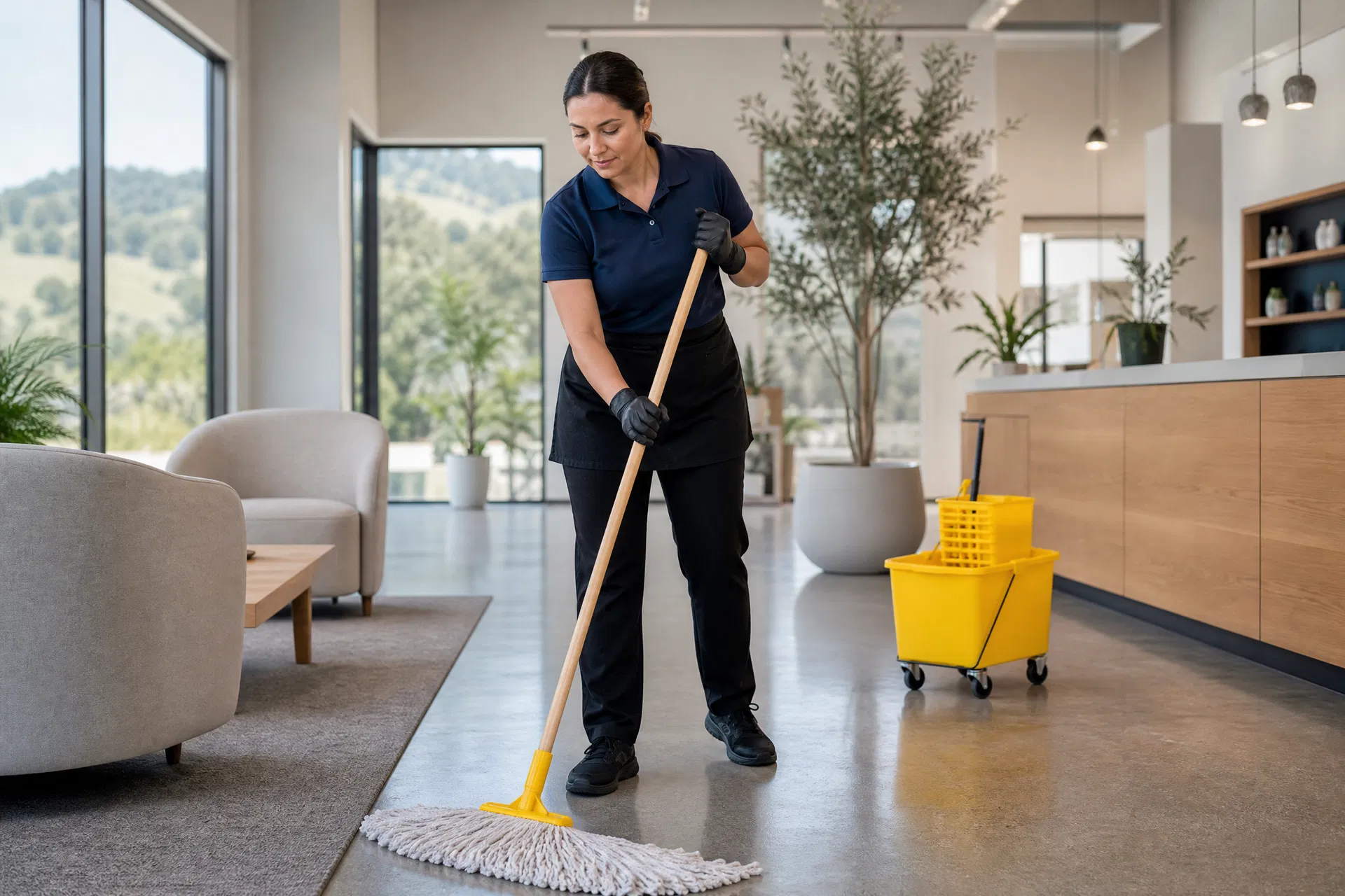 Green Planet janitorial team cleaning a Napa Valley commercial space with eco-friendly products