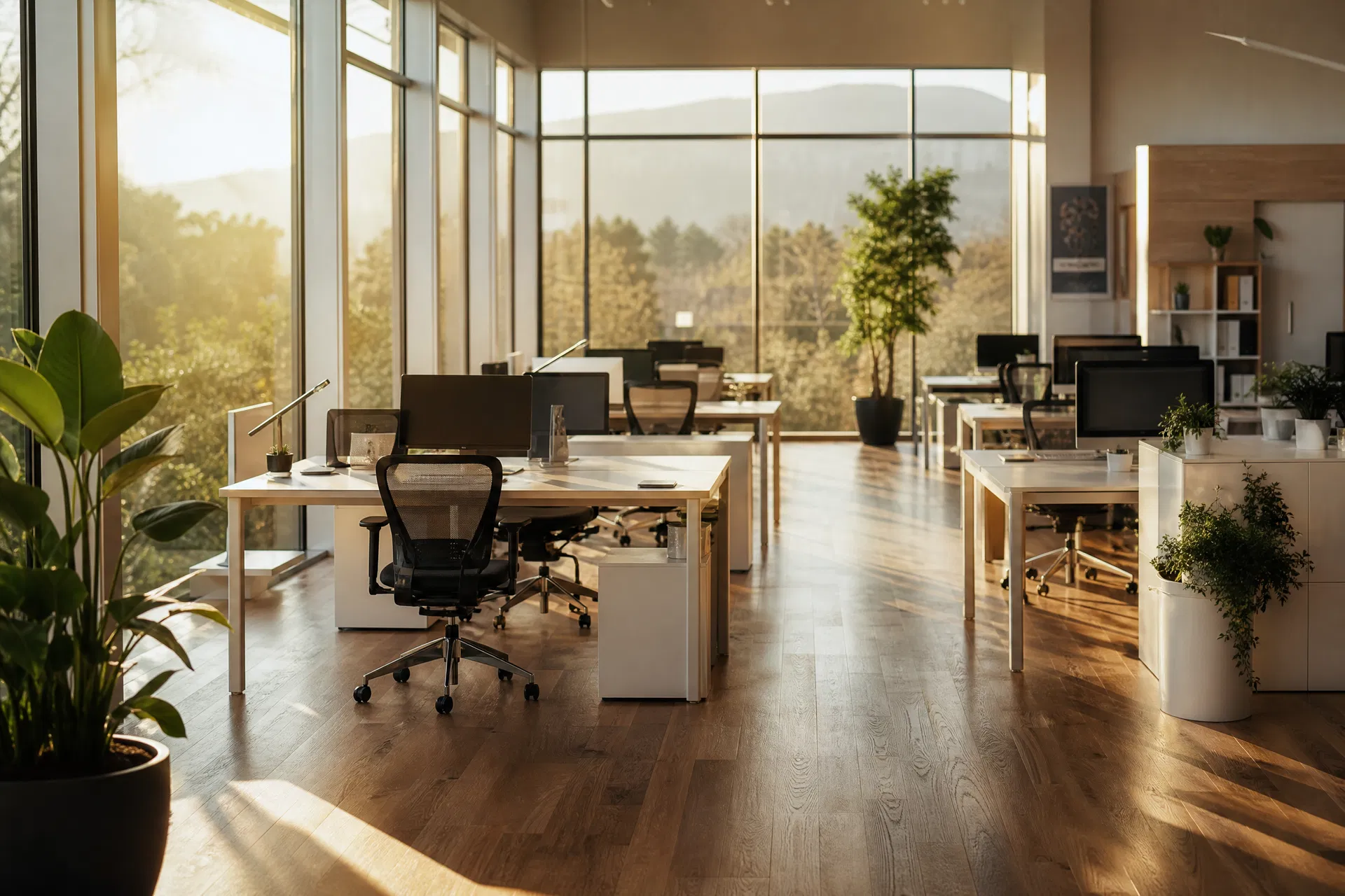Clean modern office in San Rafael with hardwood floors and floor-to-ceiling windows — Green Planet Cleaning Services